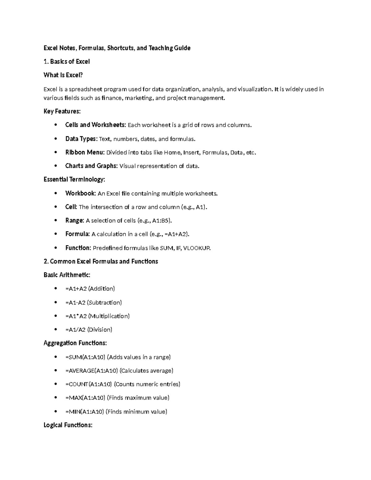 Excel Notes: Formulas, Shortcuts, and Teaching Guide - NIL - Studocu