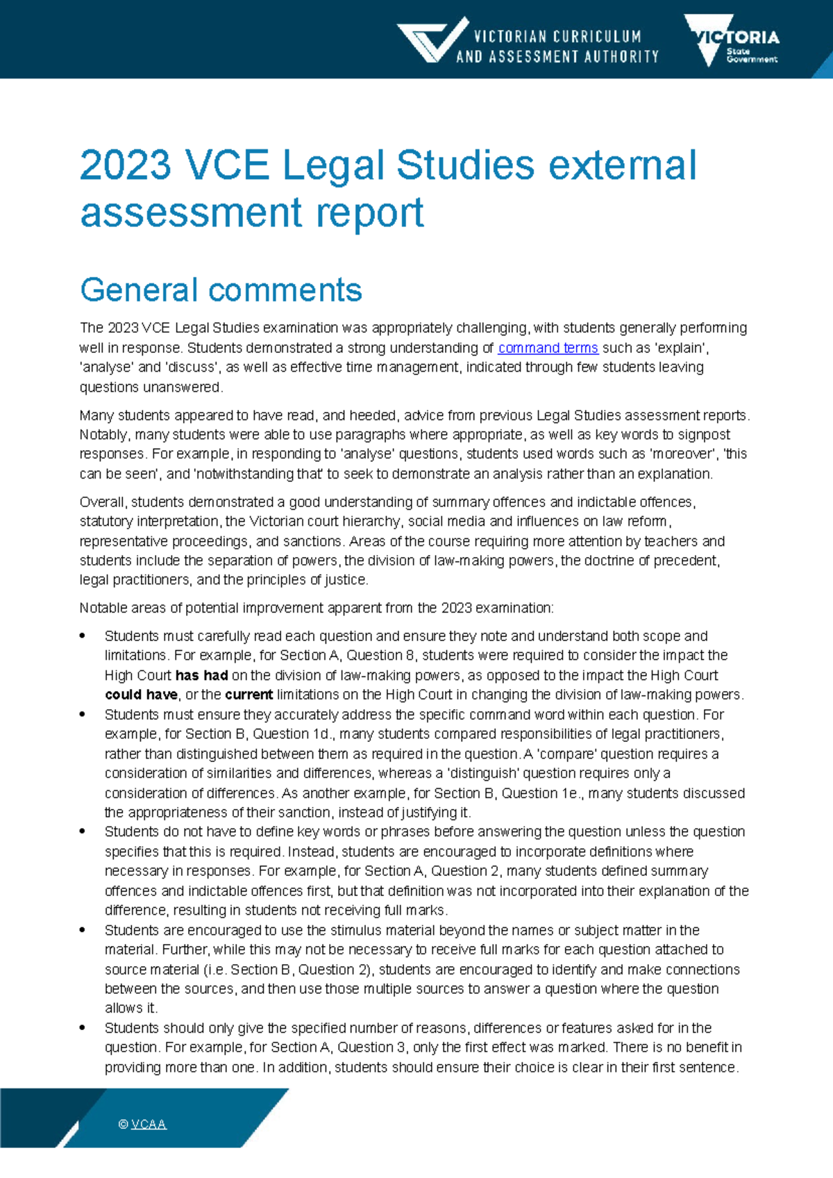 2023 VCE Legal Studies External Assessment Report Findings & Insights ...