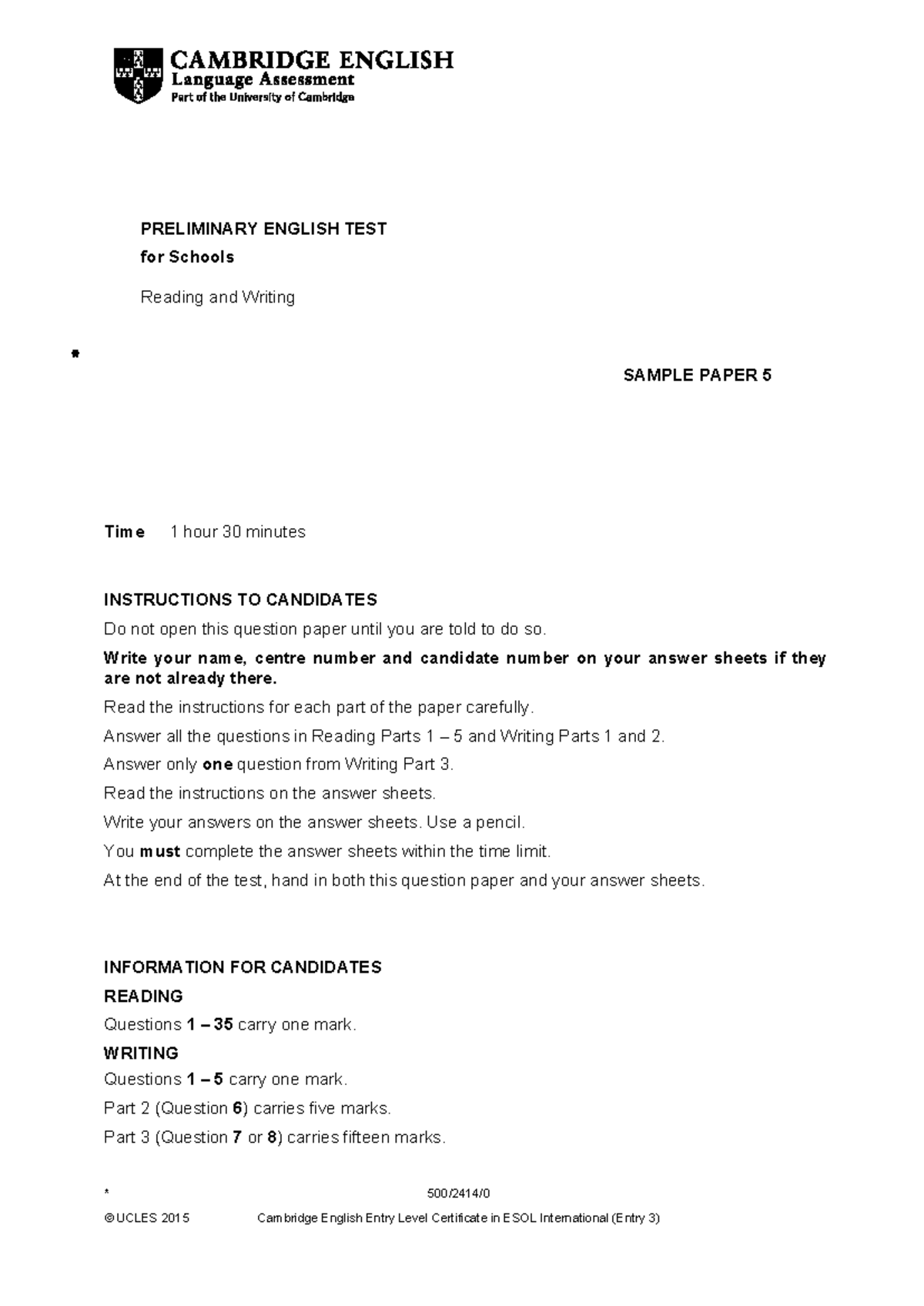 Reading Comprehension & Writing Practice - PRELIMINARY ENGLISH TEST ...