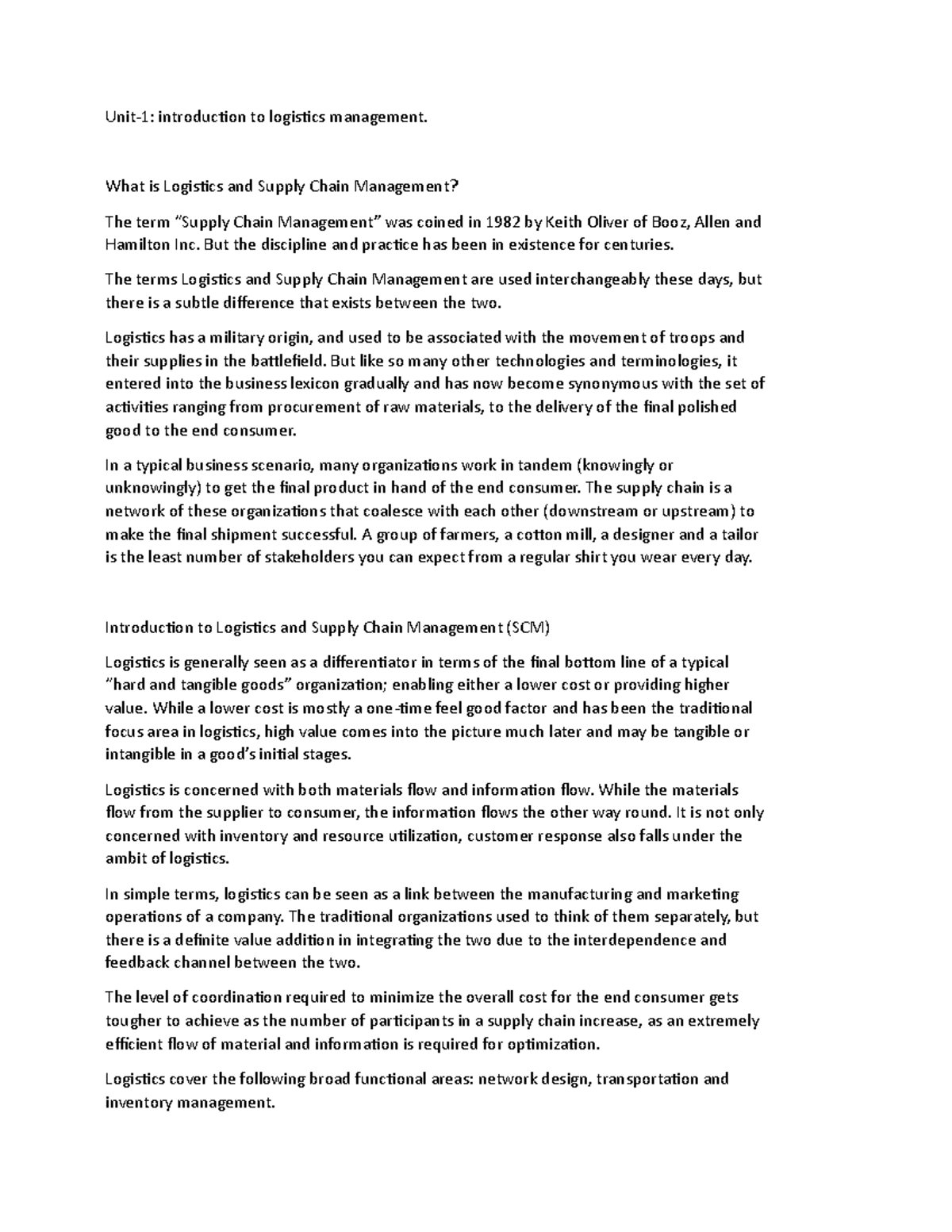 Unit 1: Introduction to Logistics & Supply Chain Management - Studocu
