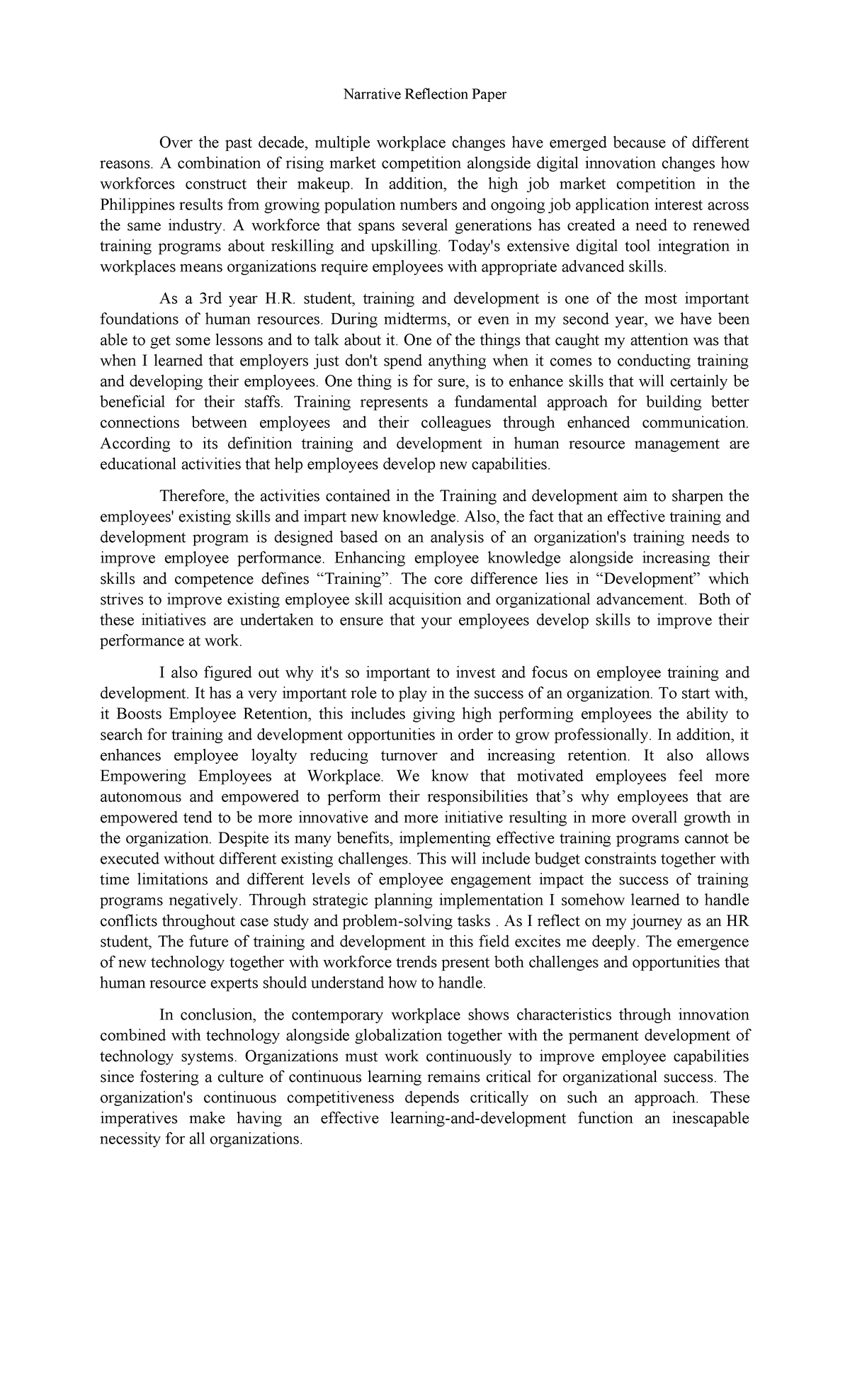 Training and Development - Narrative Reflection Paper Over the past ...