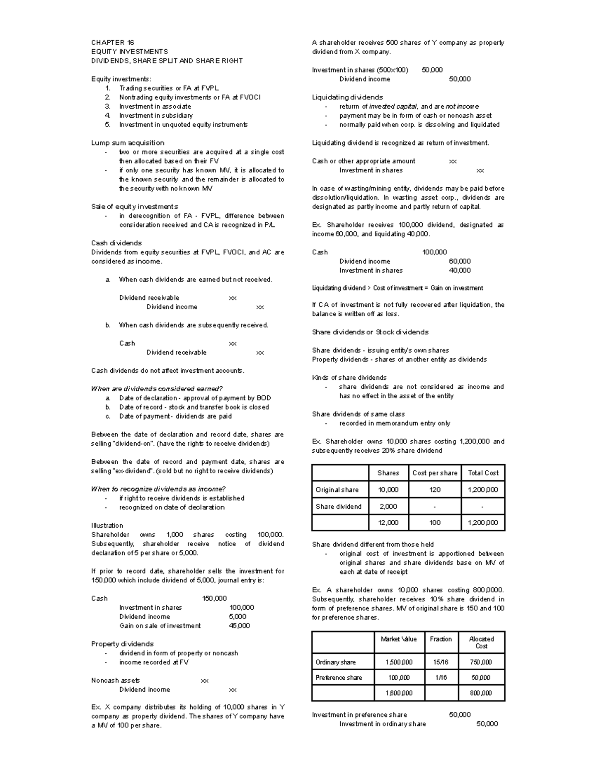 CHAPTER 16: EQUITY INVESTMENTS - DIVIDENDS, SHARE SPLITS & RIGHTS - Studocu