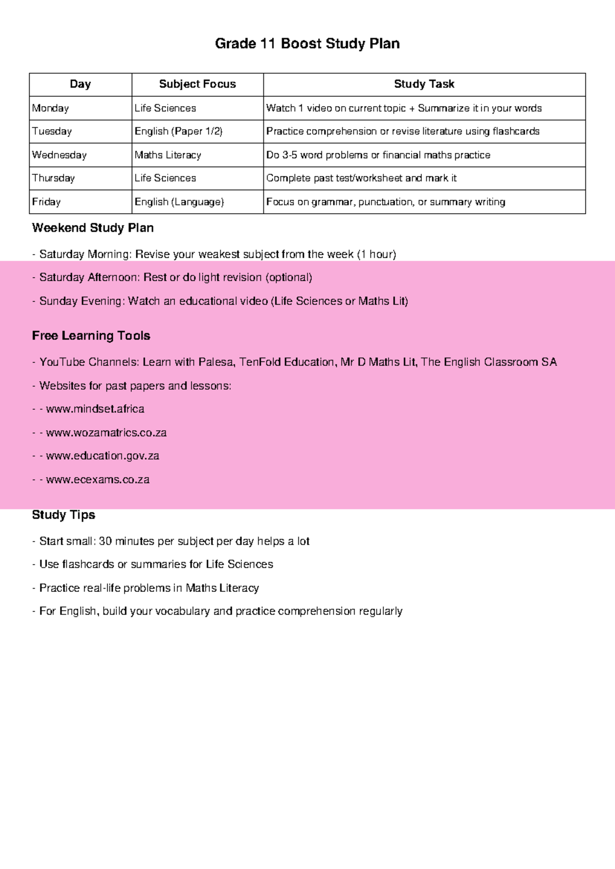 Grade 11 Study Plan: Weekly Focus & Tasks for Success - Studocu