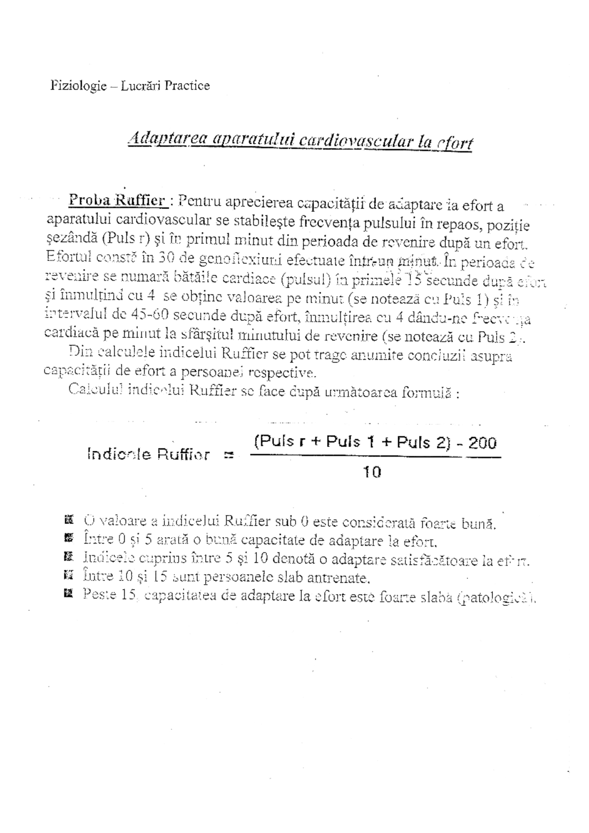 Proba Ruffier: Măsurarea Performanței Fizice (PA) - Studocu