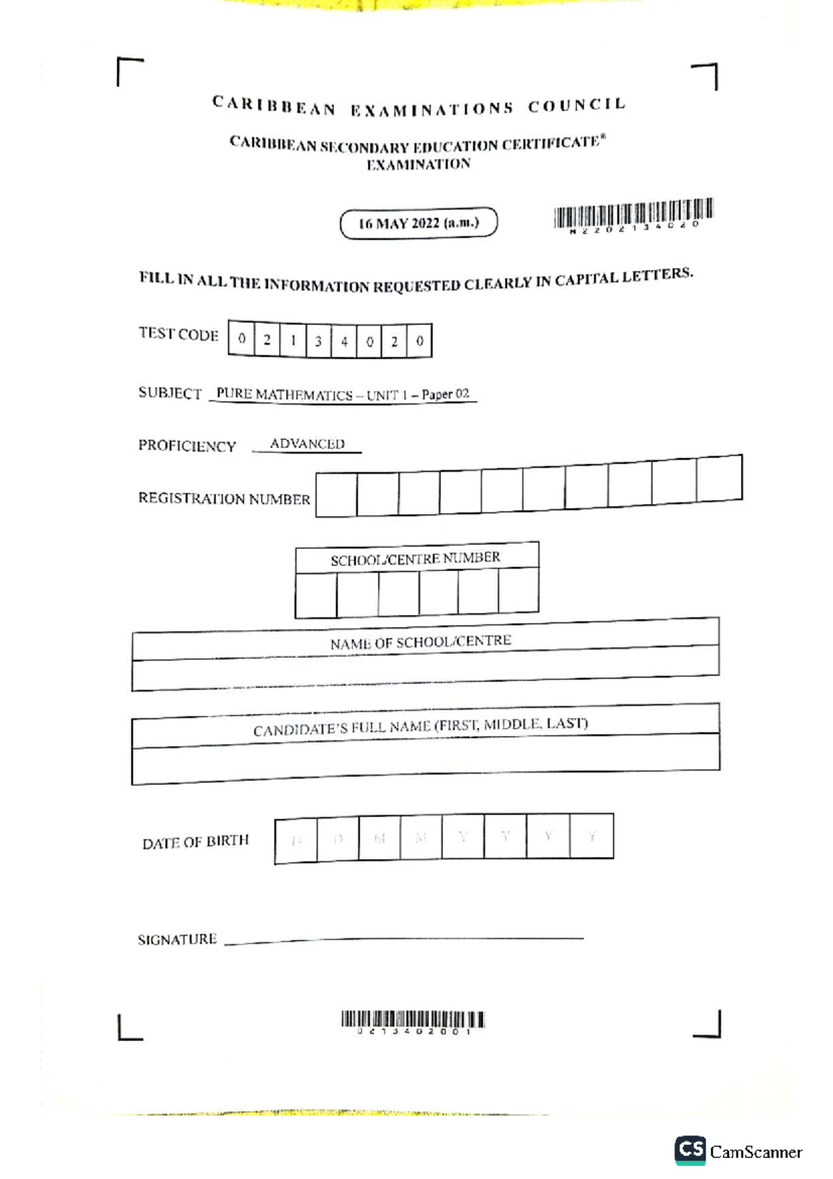 CAPE Pure Mathematics Unit 1 Paper 02 Exam 2022 - Studocu
