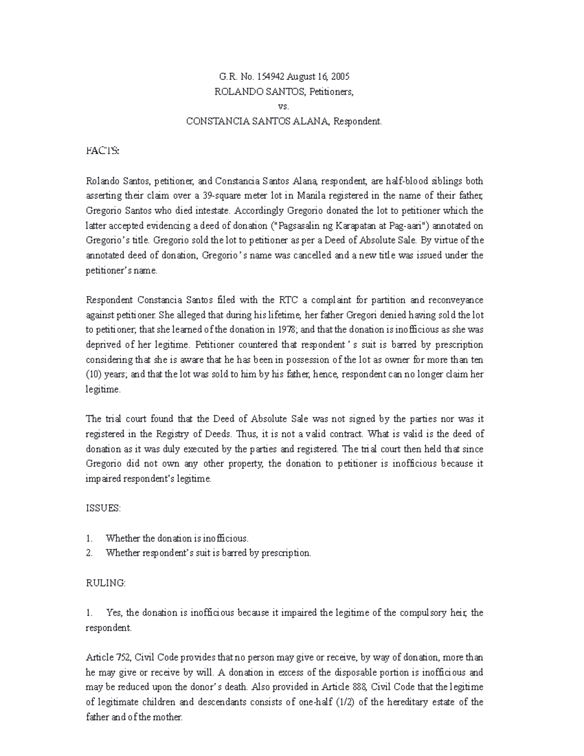 G.R. No. 154942 Case Study Santos vs. Santos Alana on Donation