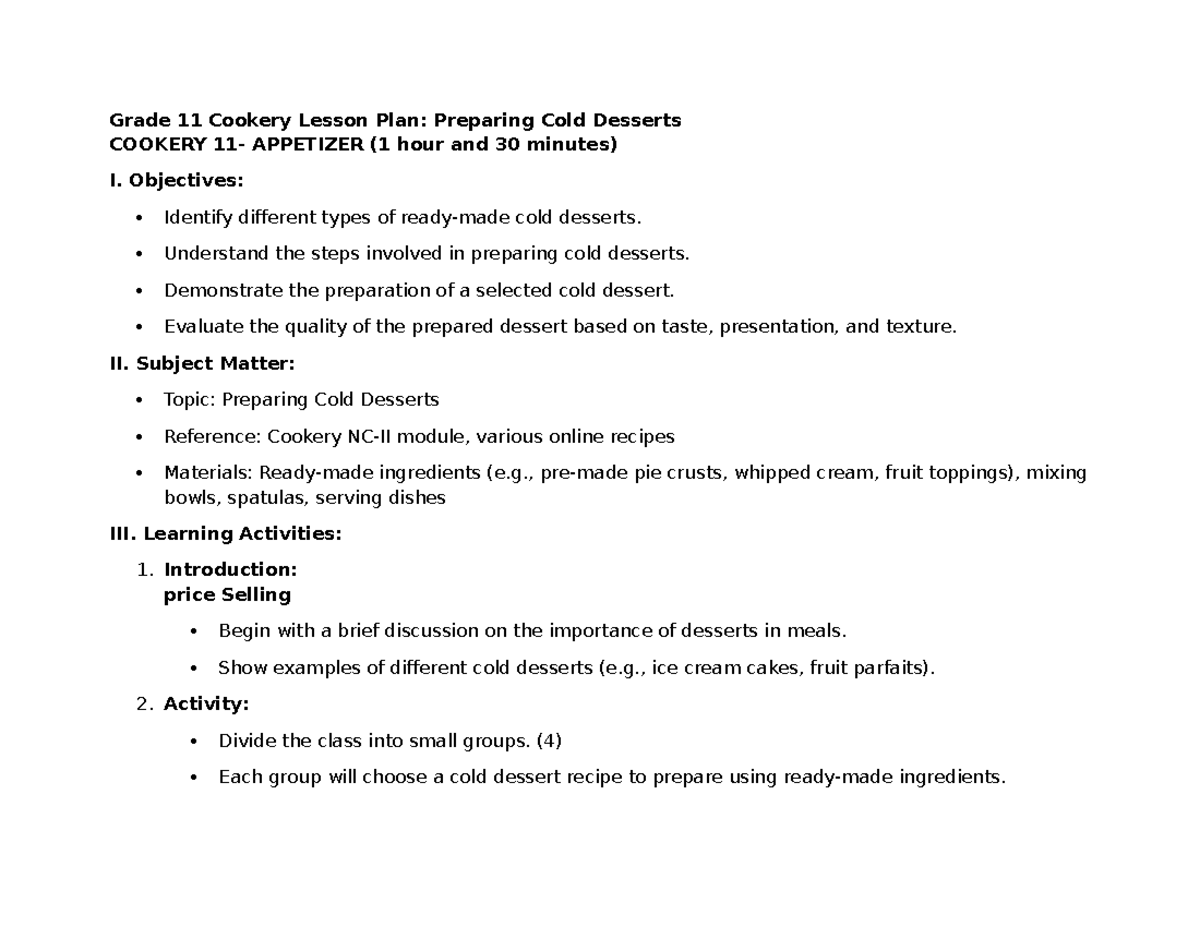 Grade 11 Cookery Lesson Plan: Cold Desserts Preparation Techniques ...