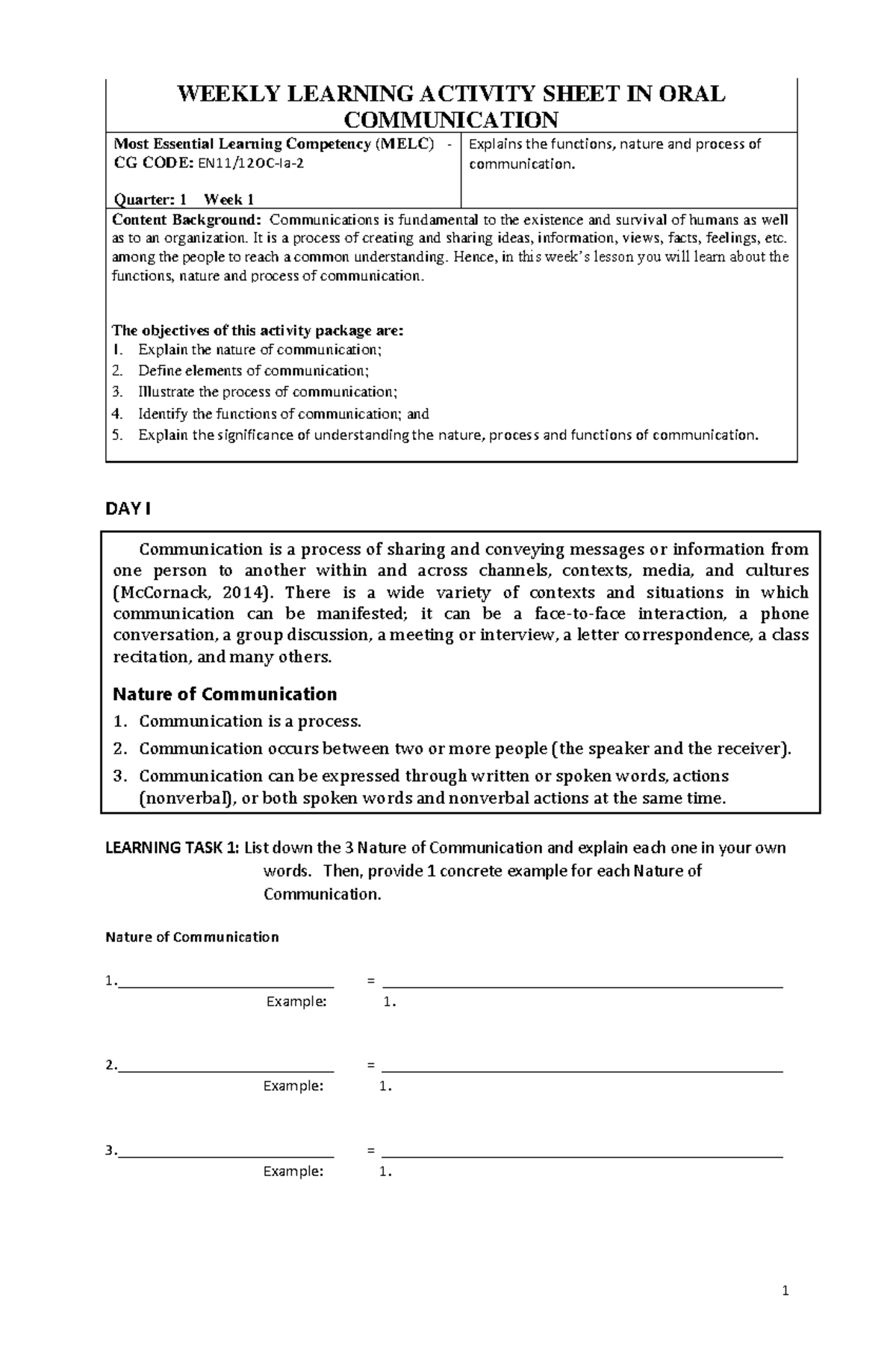 WEEK 1 ACTIVITY SHEET IN ORAL COMMUNICATION GRADE 11 (EN11/12OC-Ia ...