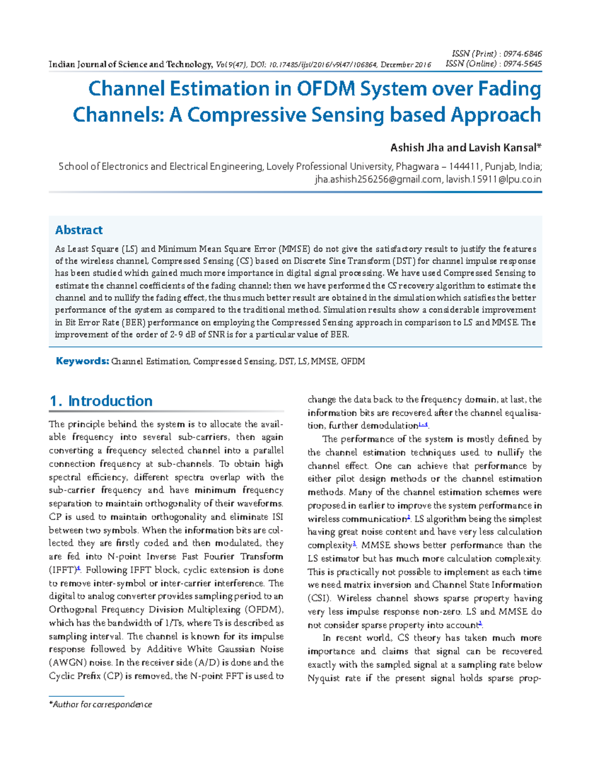 Channel Estimation in OFDM Systems: A Compressive Sensing Approach (Vol ...