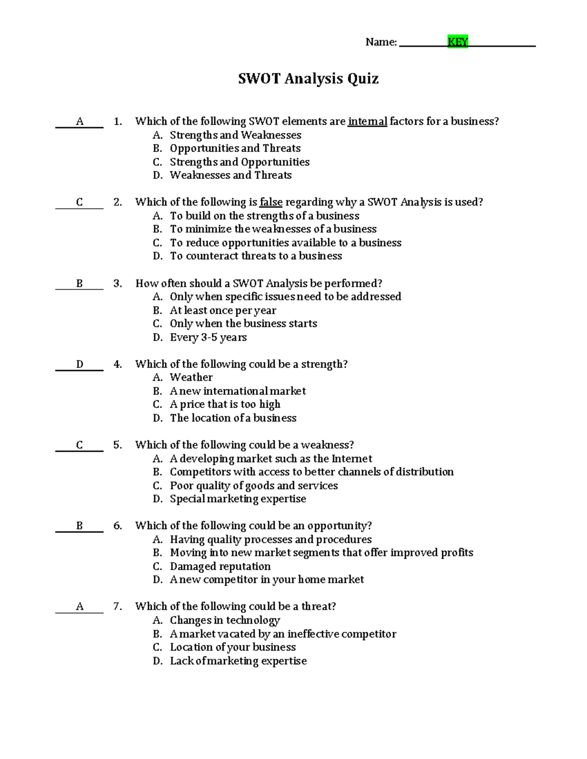 SWOT Analysis Quiz Key - Practice Questions & Answers - Studocu