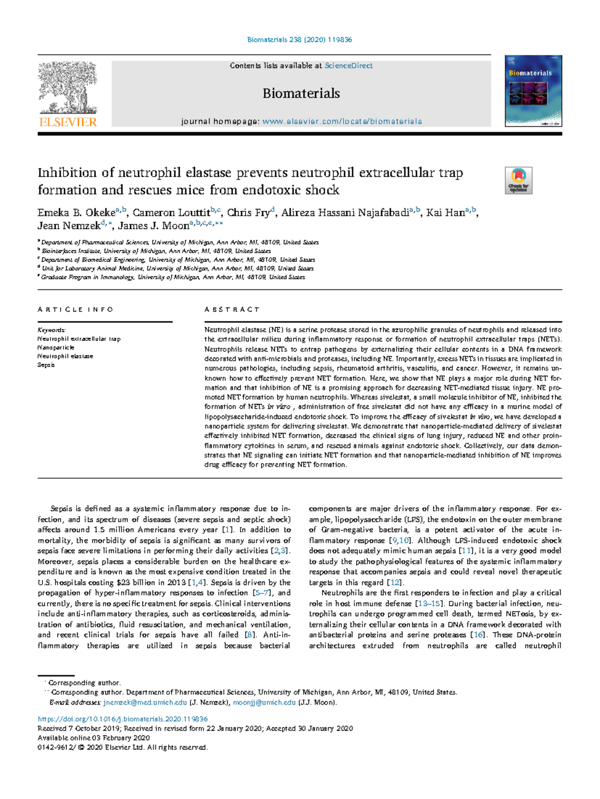 Inhibition of Neutrophil Elastase and Its Impact on Sepsis Response ...