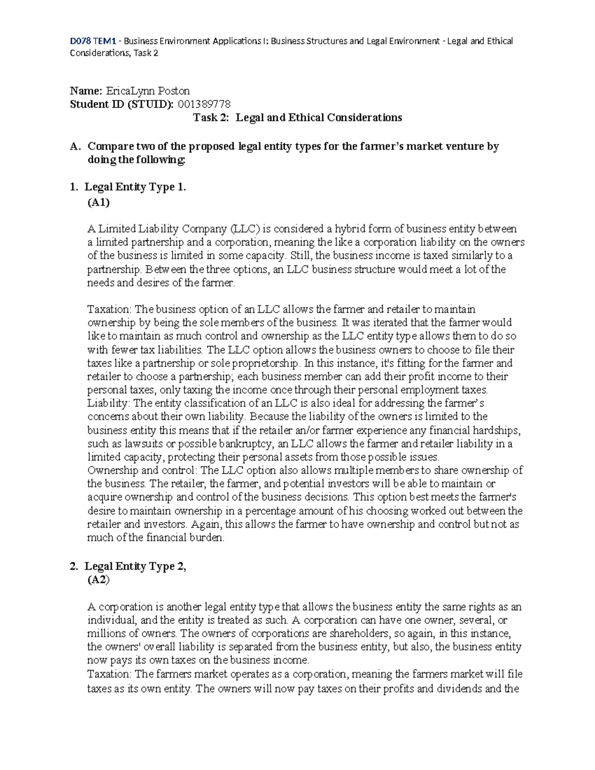 D078 - Task 2 Answers - D078 TEM1 - Business Environment Applications I ...