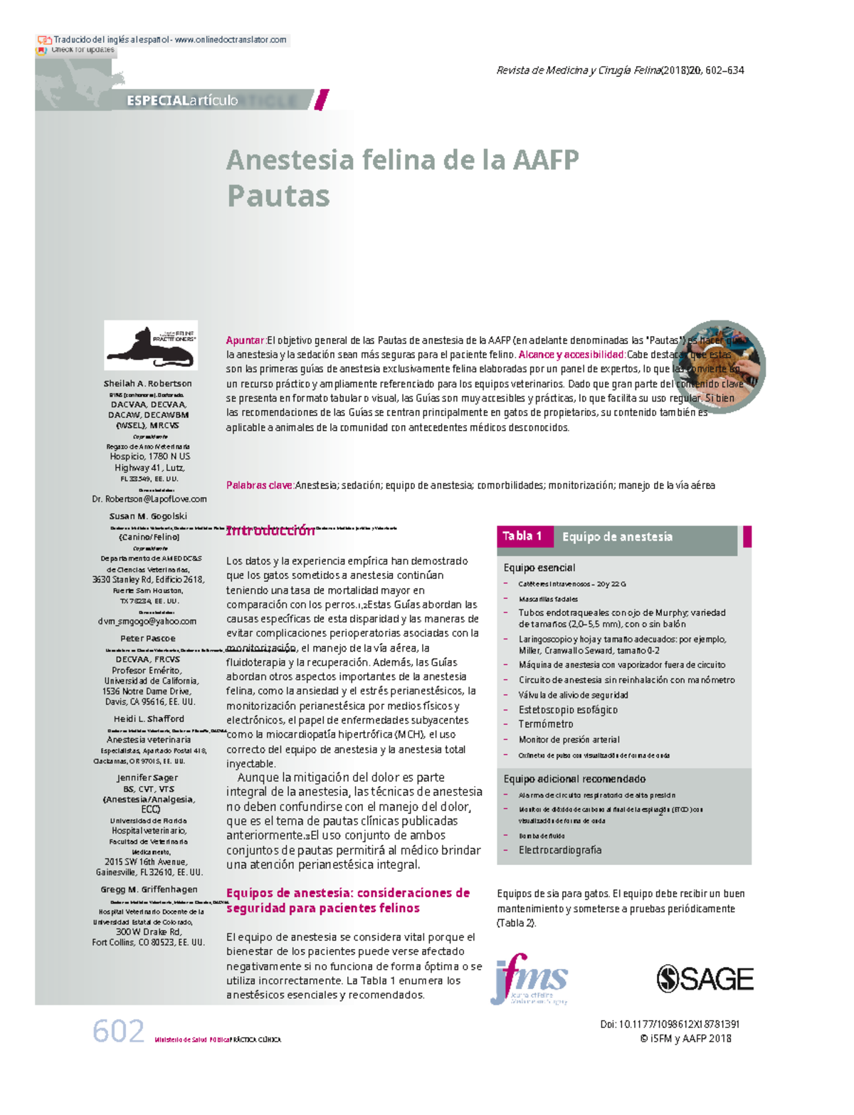 Guías de Anestesia Felina de la AAFP - Robertson et al. 2018 - Studocu