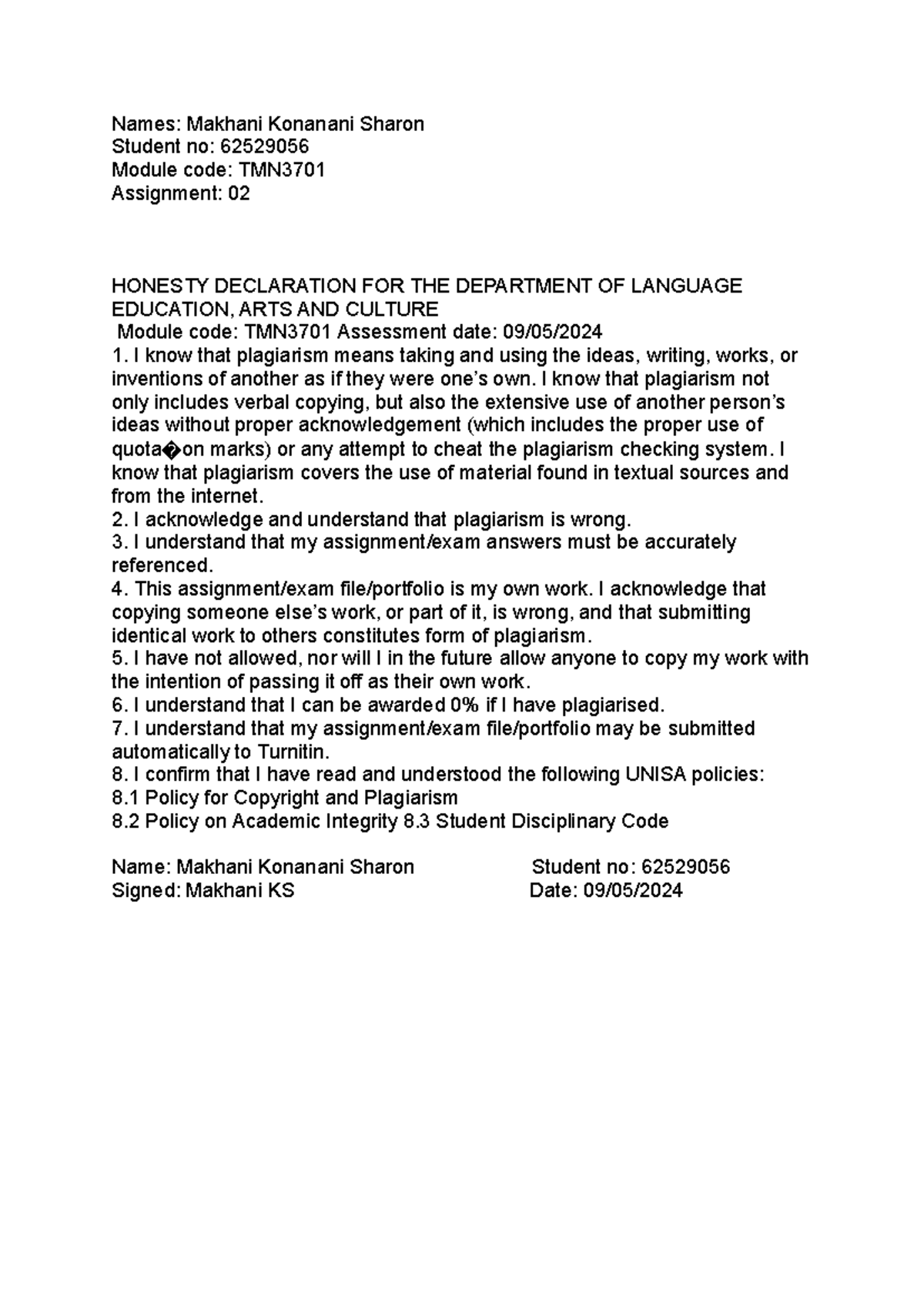 TMN3701 Assignment 02: Honesty Declaration & Language Acquisition ...
