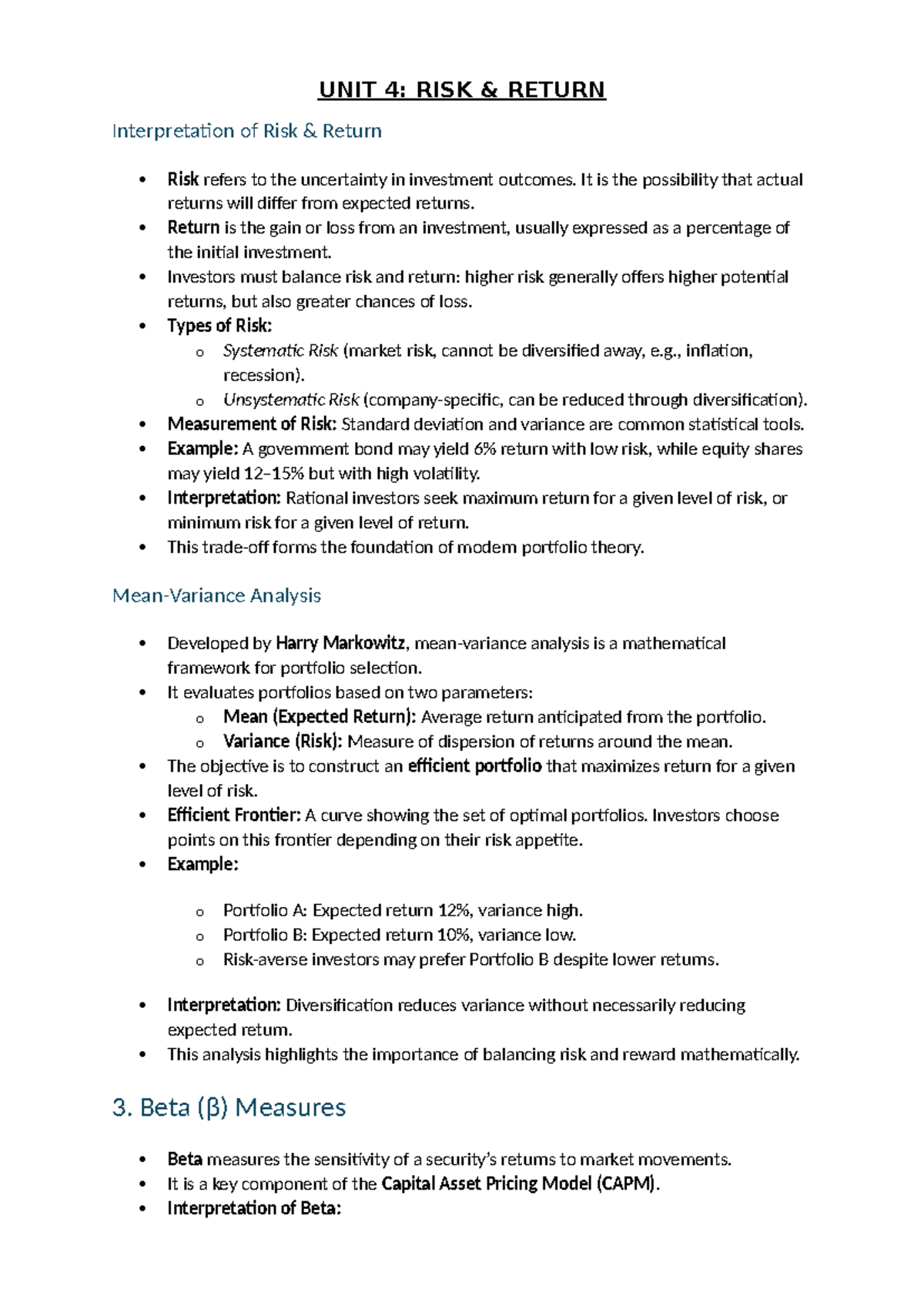 UNIT 4: RISK RETURN Analysis and Portfolio Management Insights - Studocu