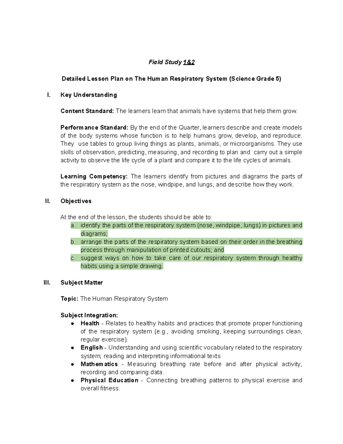Field Study Lesson Plan: The Human Respiratory System (Science Grade 5 ...
