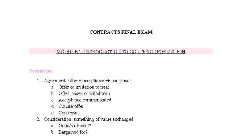 Contracts Final Exam: Introduction to Contract Formation and Key ...