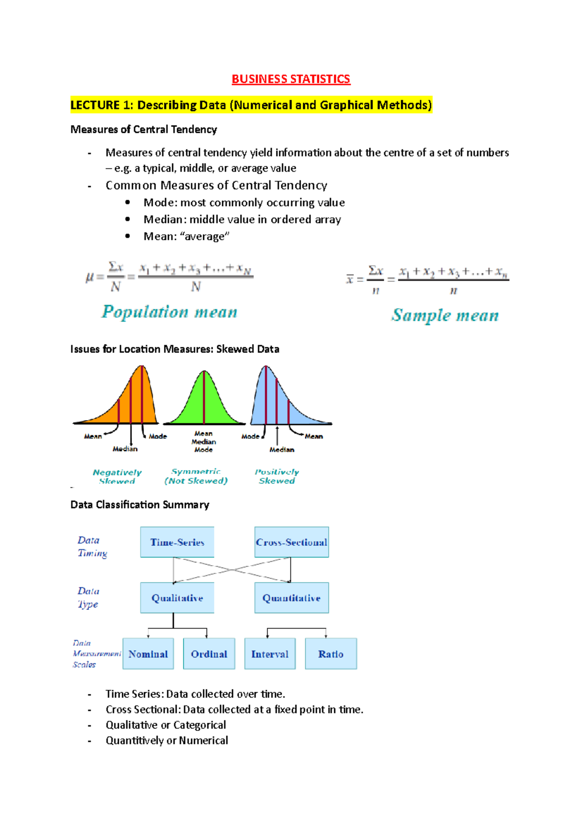Business Statistics Lecture Notes (BUS 101): Key Concepts & Tests - Studocu