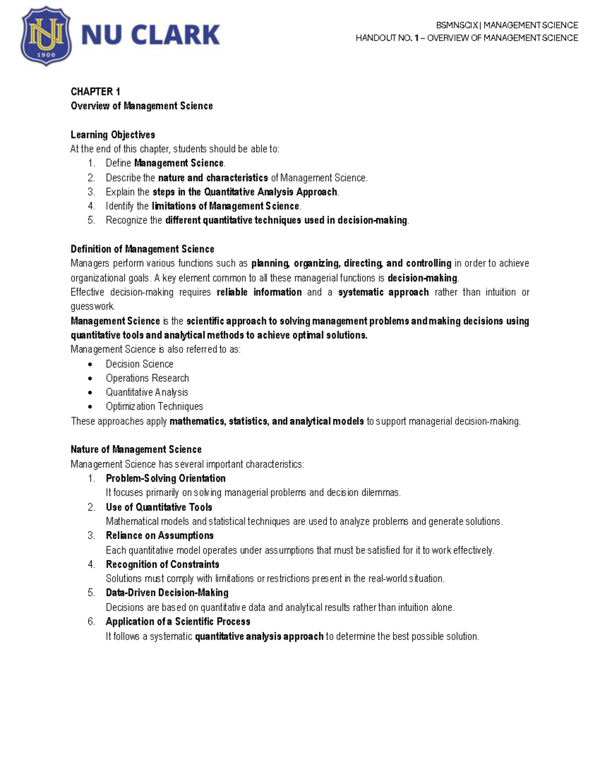 BSMNSCIX Management Science Handout 1: Intro to Management Science ...