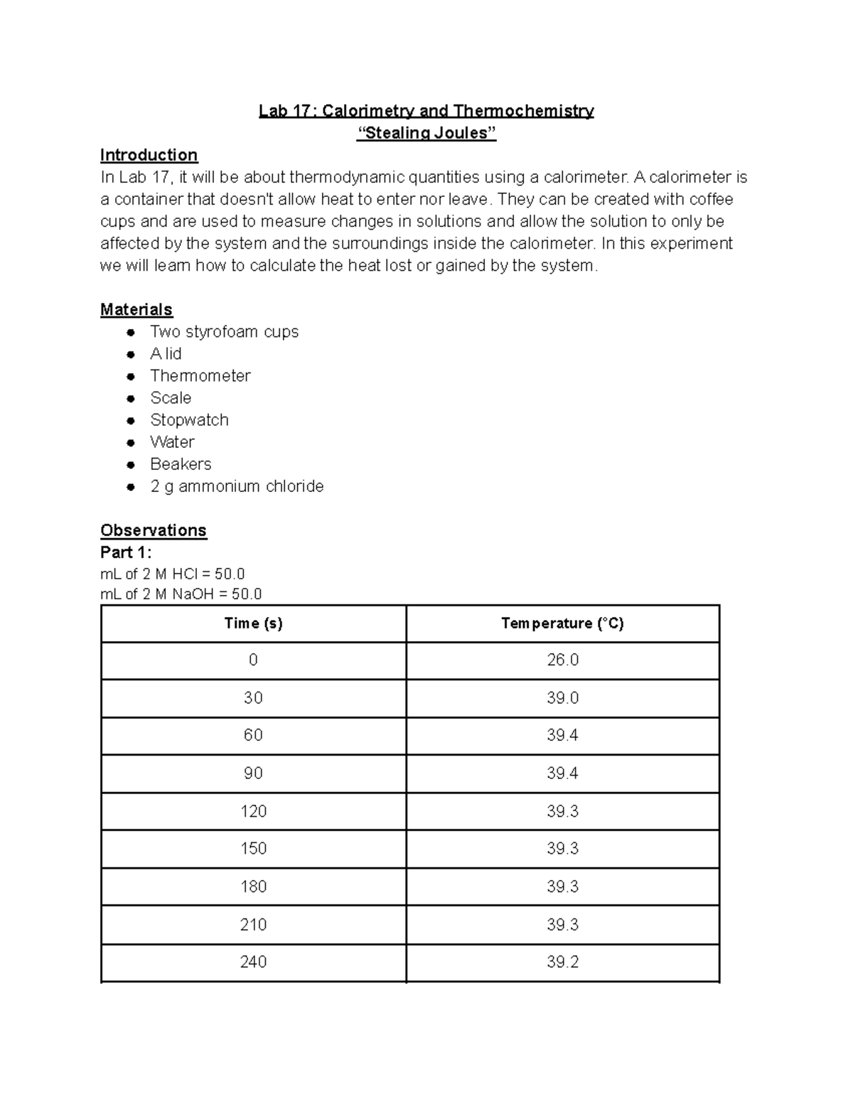 Lab Report 17 & 18: Calorimetry and Thermochemistry Insights - Studocu