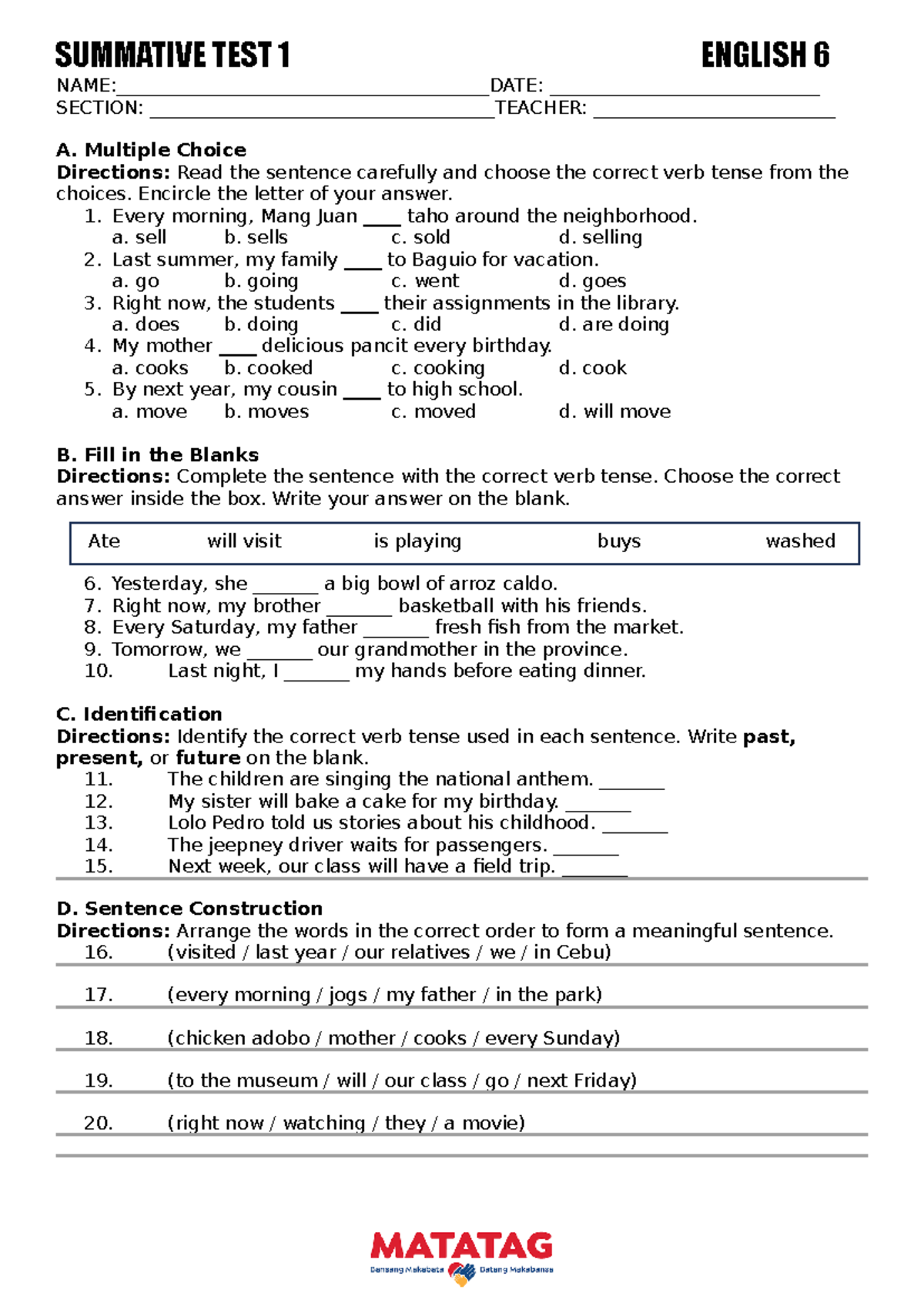 English 6 Summative Test 1 - Verb Tenses and Sentence Construction ...