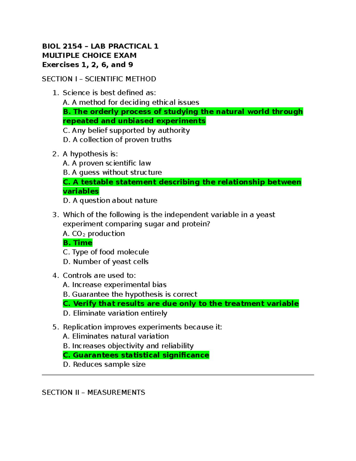 BIOL 2154 LAB PRACTICAL 1 MC EXAM: Scientific Method & Measurements ...