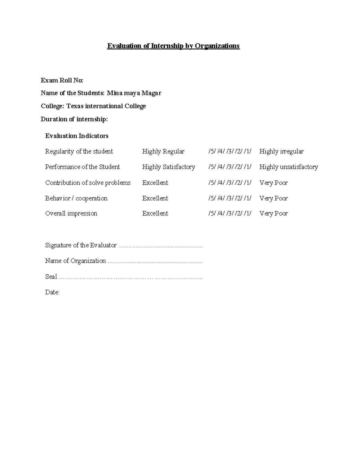 8th intern report forma - Evaluation of Internship by Organizations ...