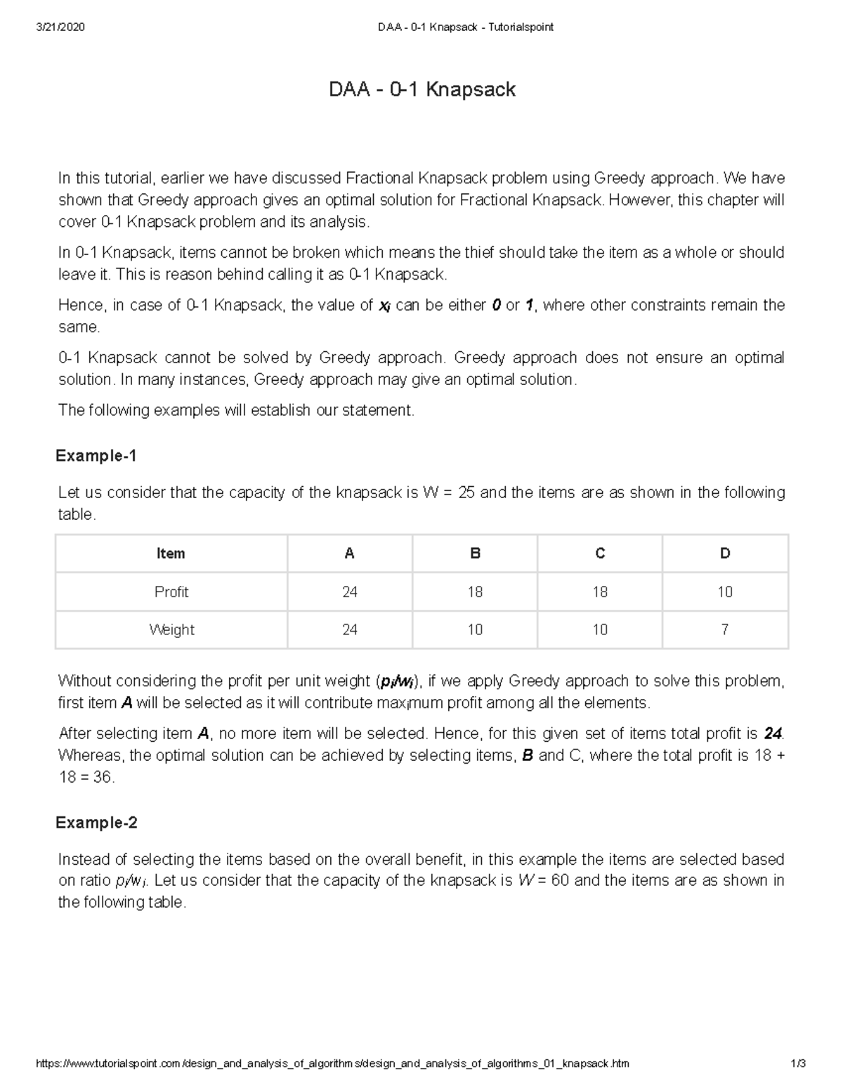 0-1 Knapsack Problem Analysis - DAA Tutorial - Studocu