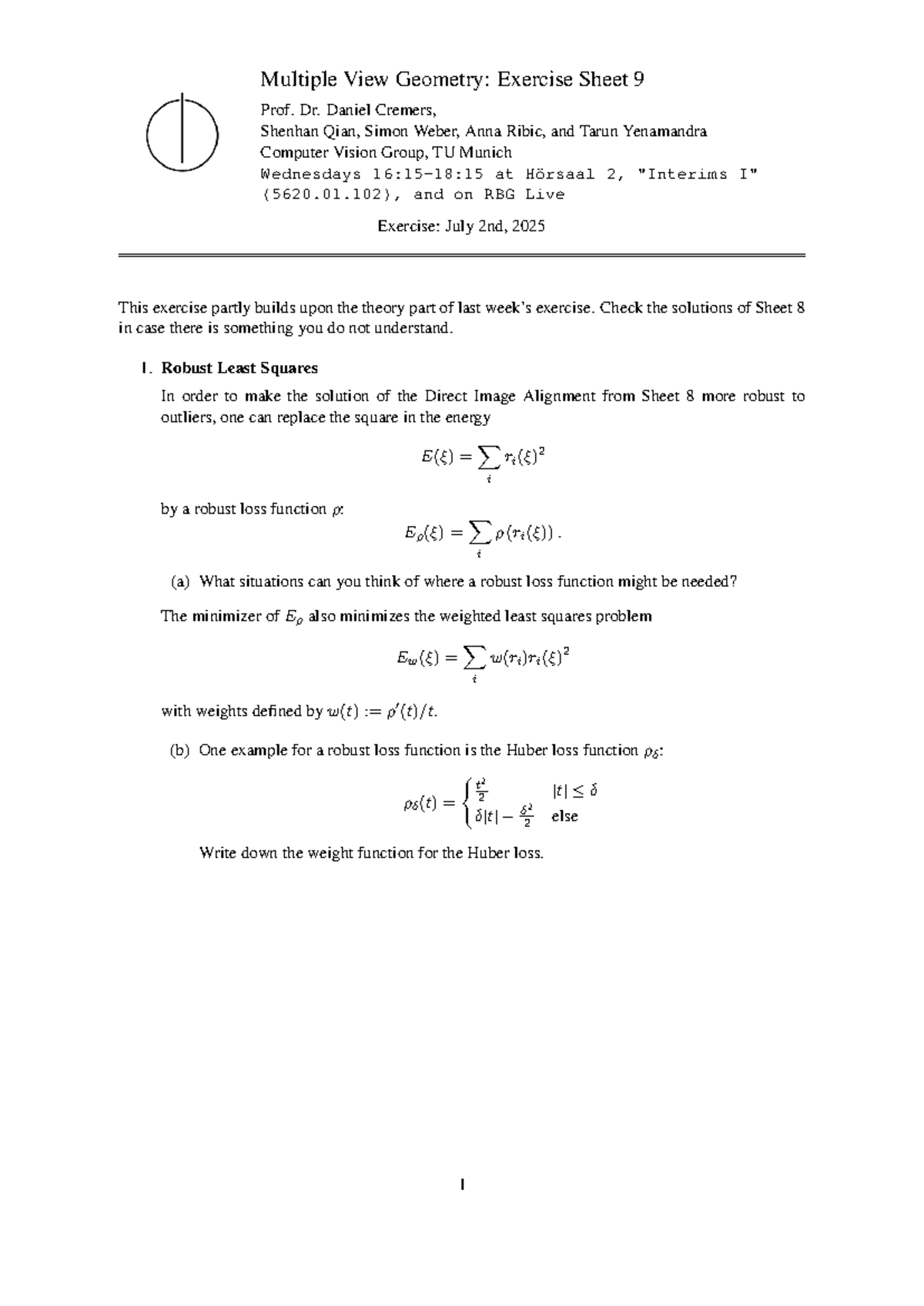 Multiple View Geometry: Exercise Sheet 9 (5620.01.102) - Studocu
