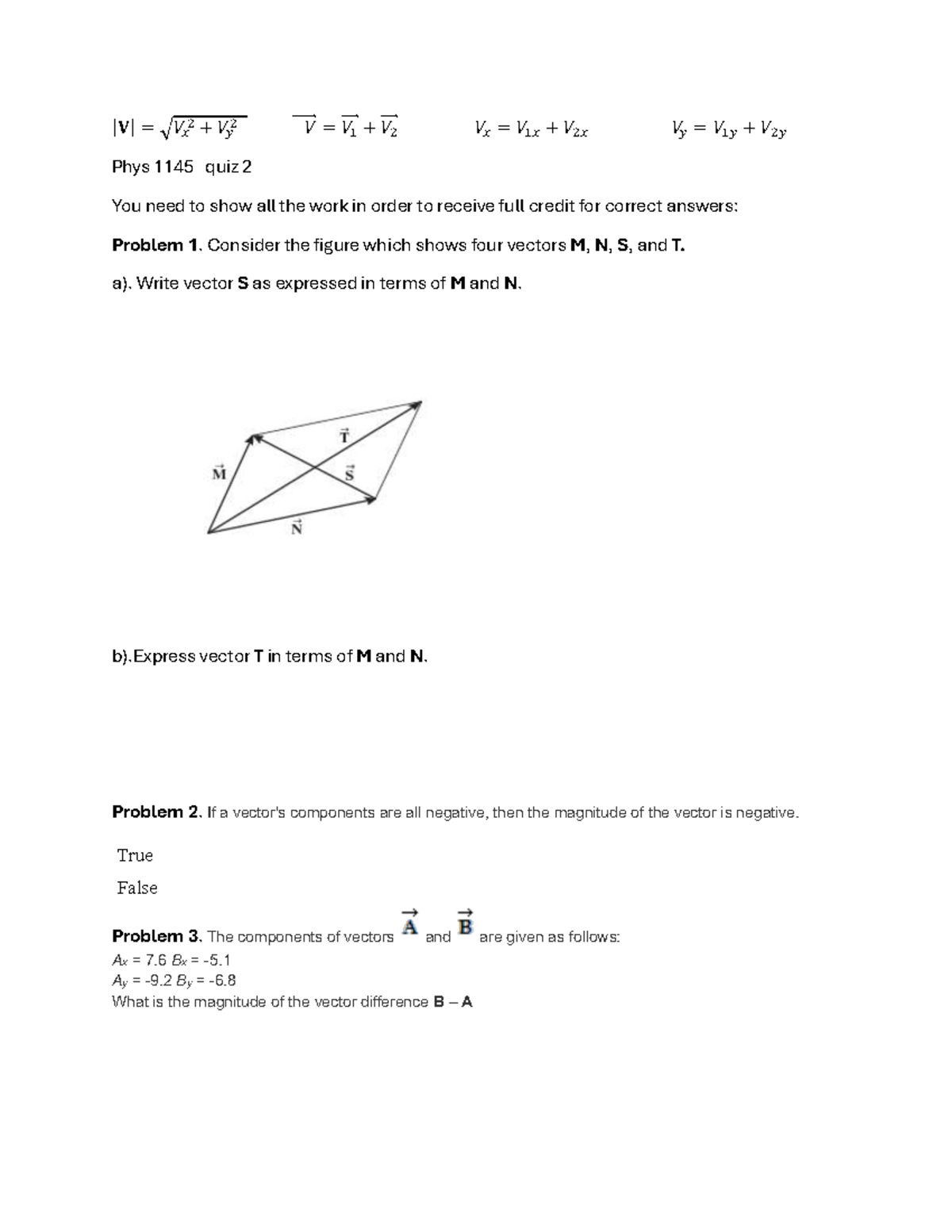 Phys 1145 Quiz 2: Vector Problems and Solutions - Studocu