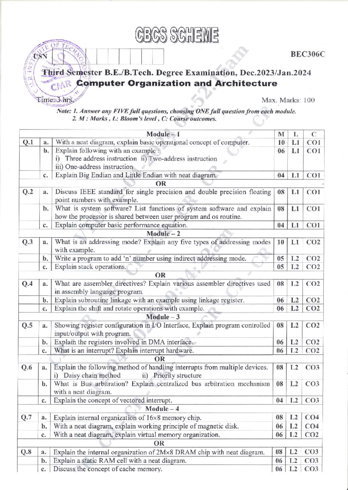 VTU Question Paper BEC306C: Computer Organization & Architecture Exam ...