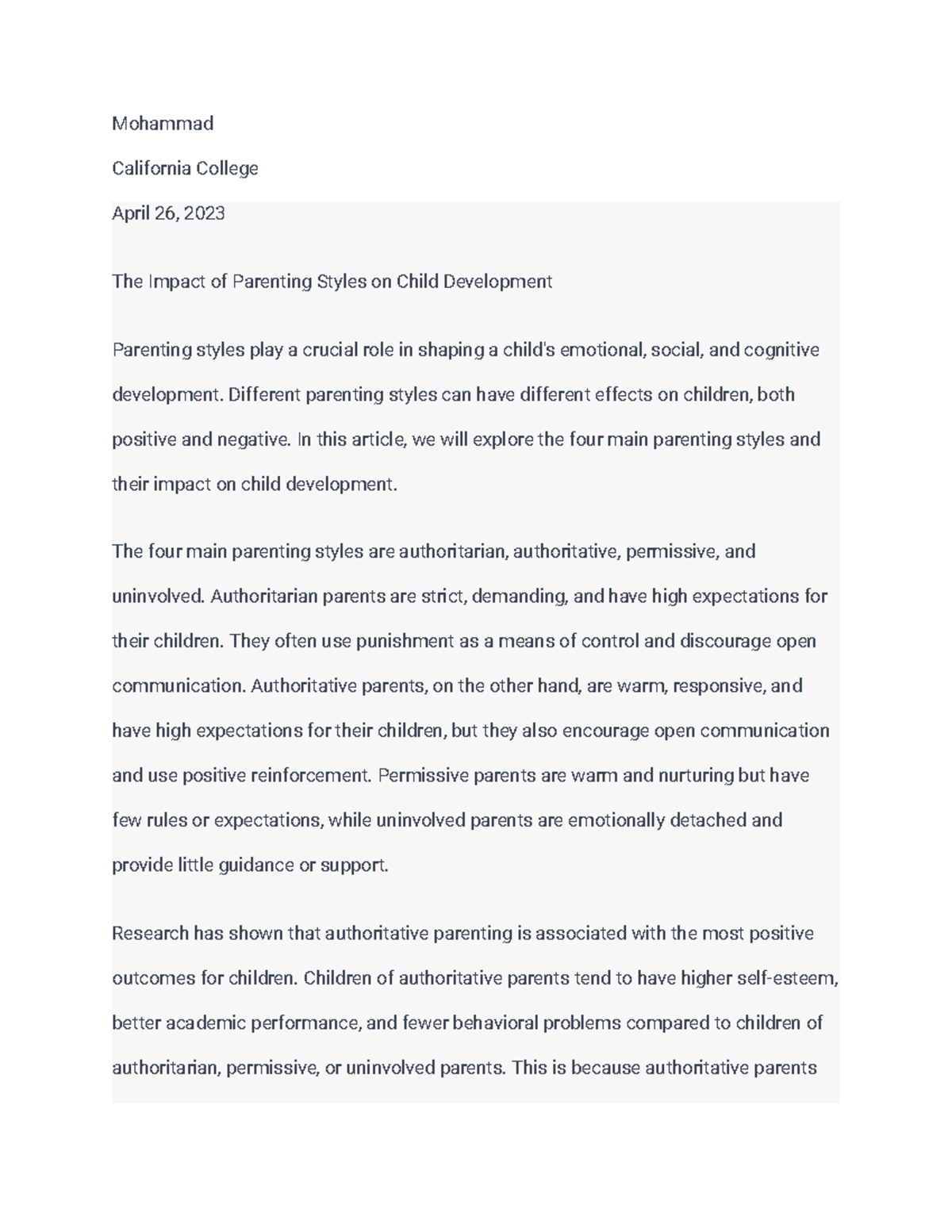 The Impact of Parenting Styles on Child Development - Mohammad ...