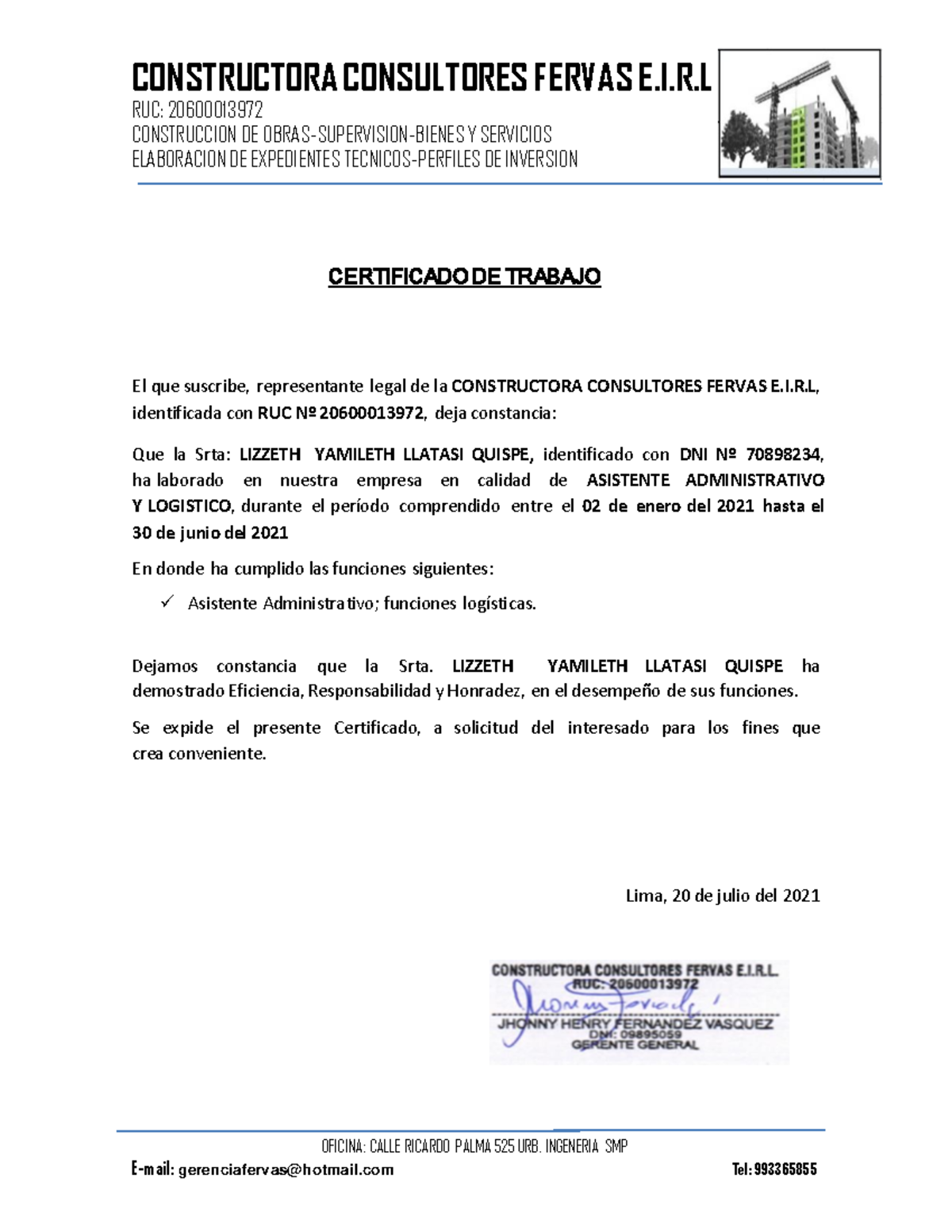 CERT Trabao - CERTIFICADO DE TRABAJO DE LIZZETH YAMILETH LLATASI - Document Preview