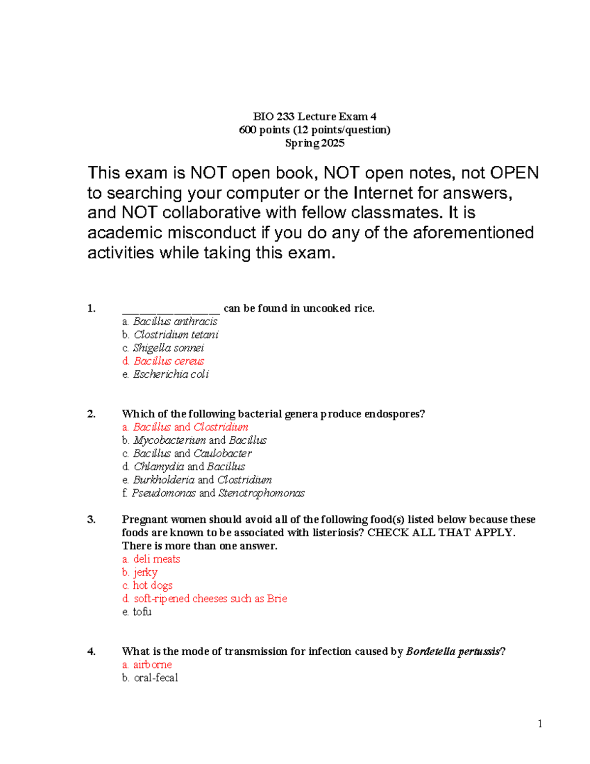 BIO 233 Lecture Exam 4 Study Guide - Spring 2025 (600 Points) - Studocu