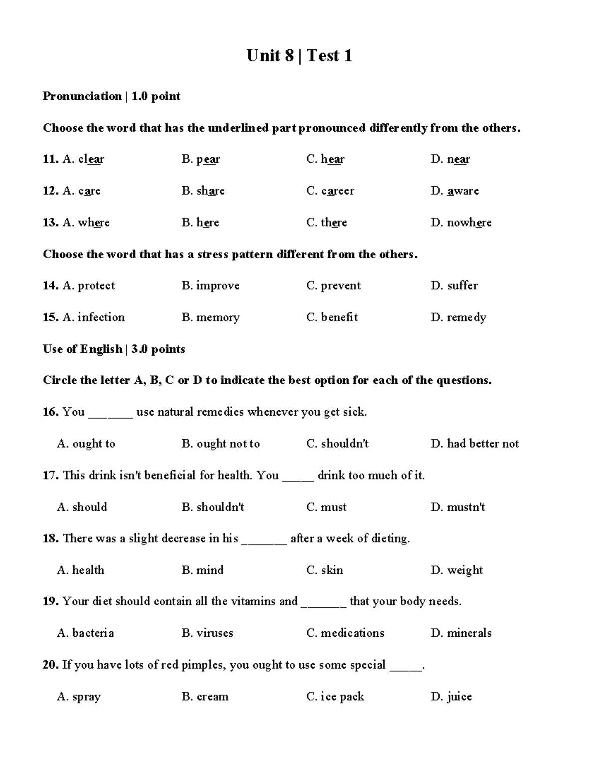 U8 TEST 1 - Pronunciation and Use of English Practice - Studocu
