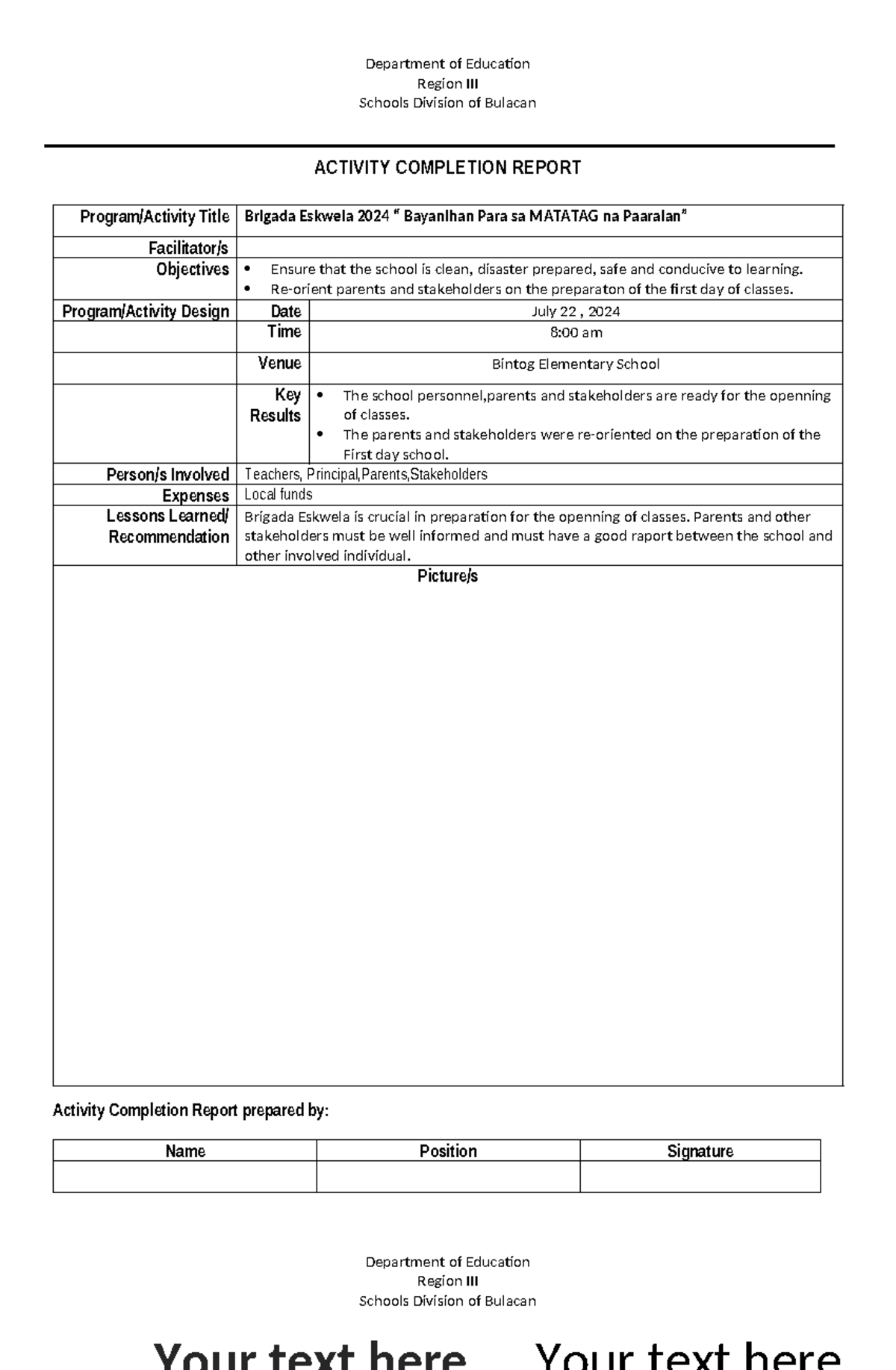 Brigada Eskwela 2024 Activity Completion Report - ACR 2024 - Studocu