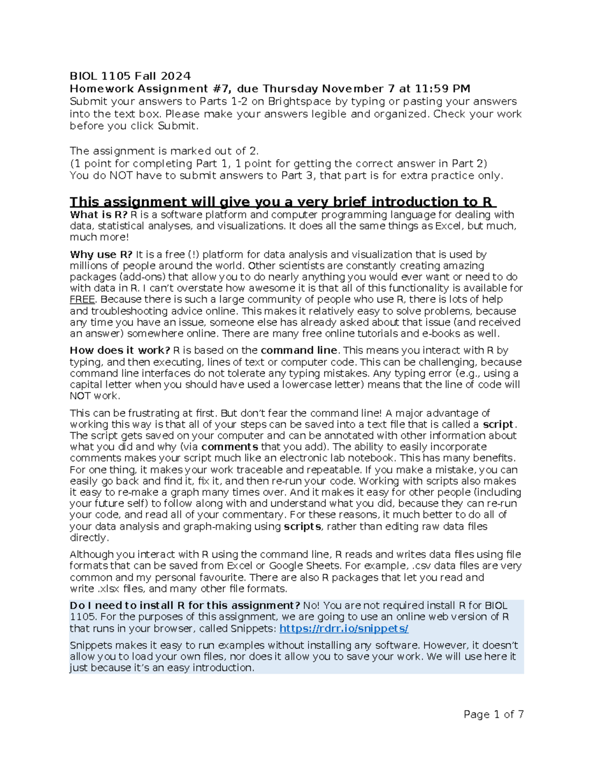 BIOL 1105 Fall 2024 Homework Assignment: Introduction to R - Studocu