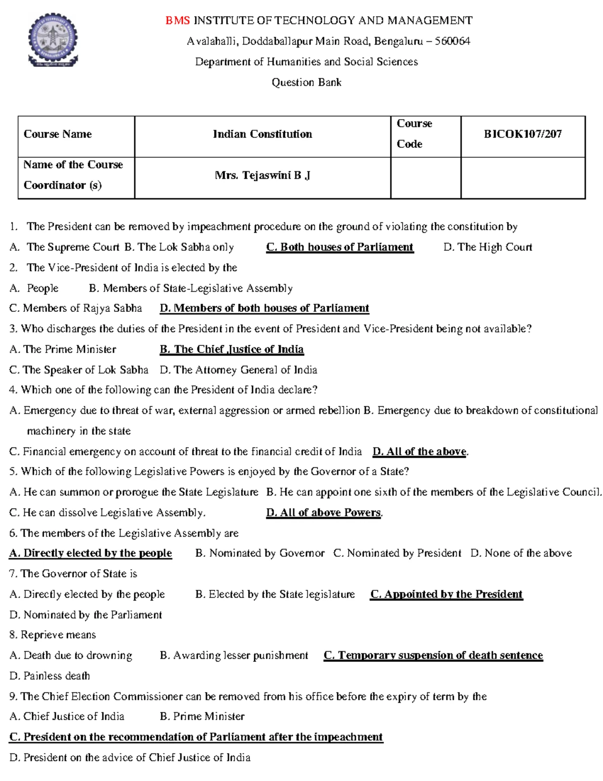 ICO - 1st & 2nd Test Questions on Indian Constitution (MC) - Studocu