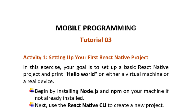 MPR - Tutorial 03: Setting Up Your First React Native Project - Studocu