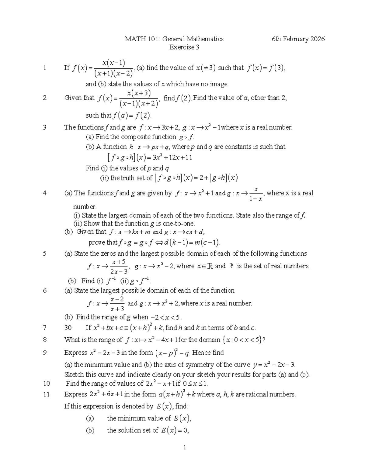 MATH 101: General Mathematics Exercise 3 Solutions and Analysis - Studocu