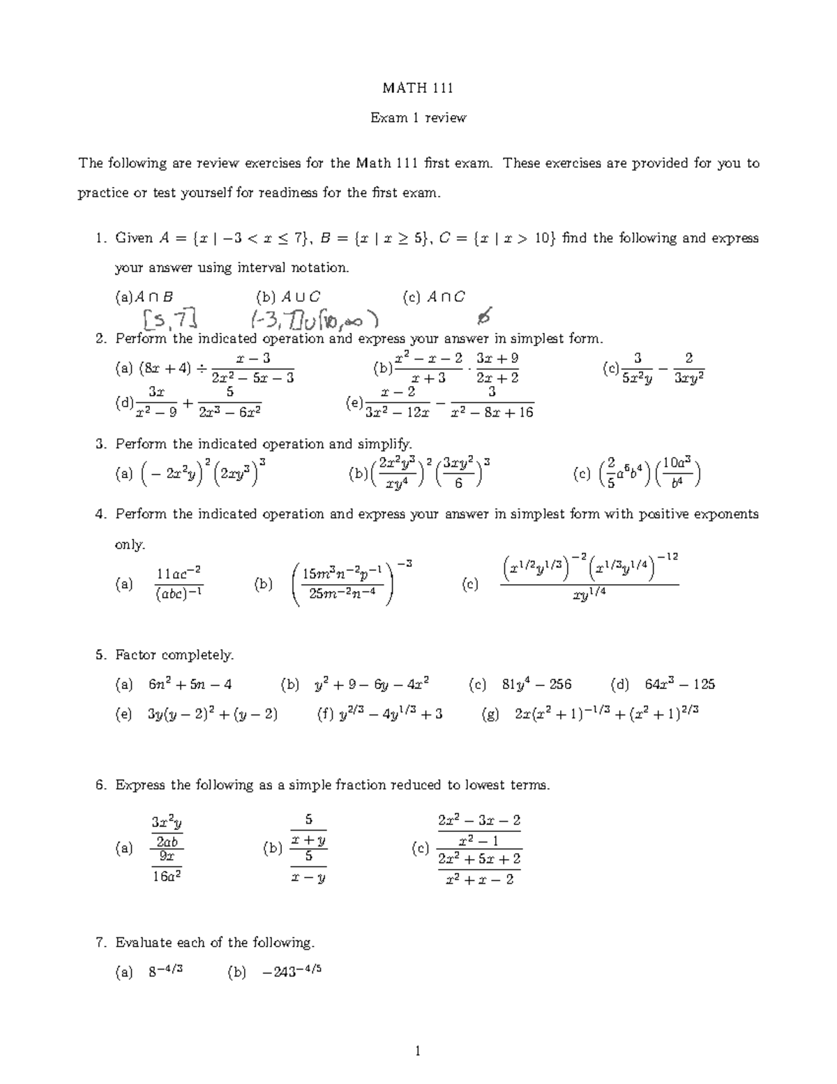 MATH 111 Exam 1 Study Guide and Review Exercises - Studocu