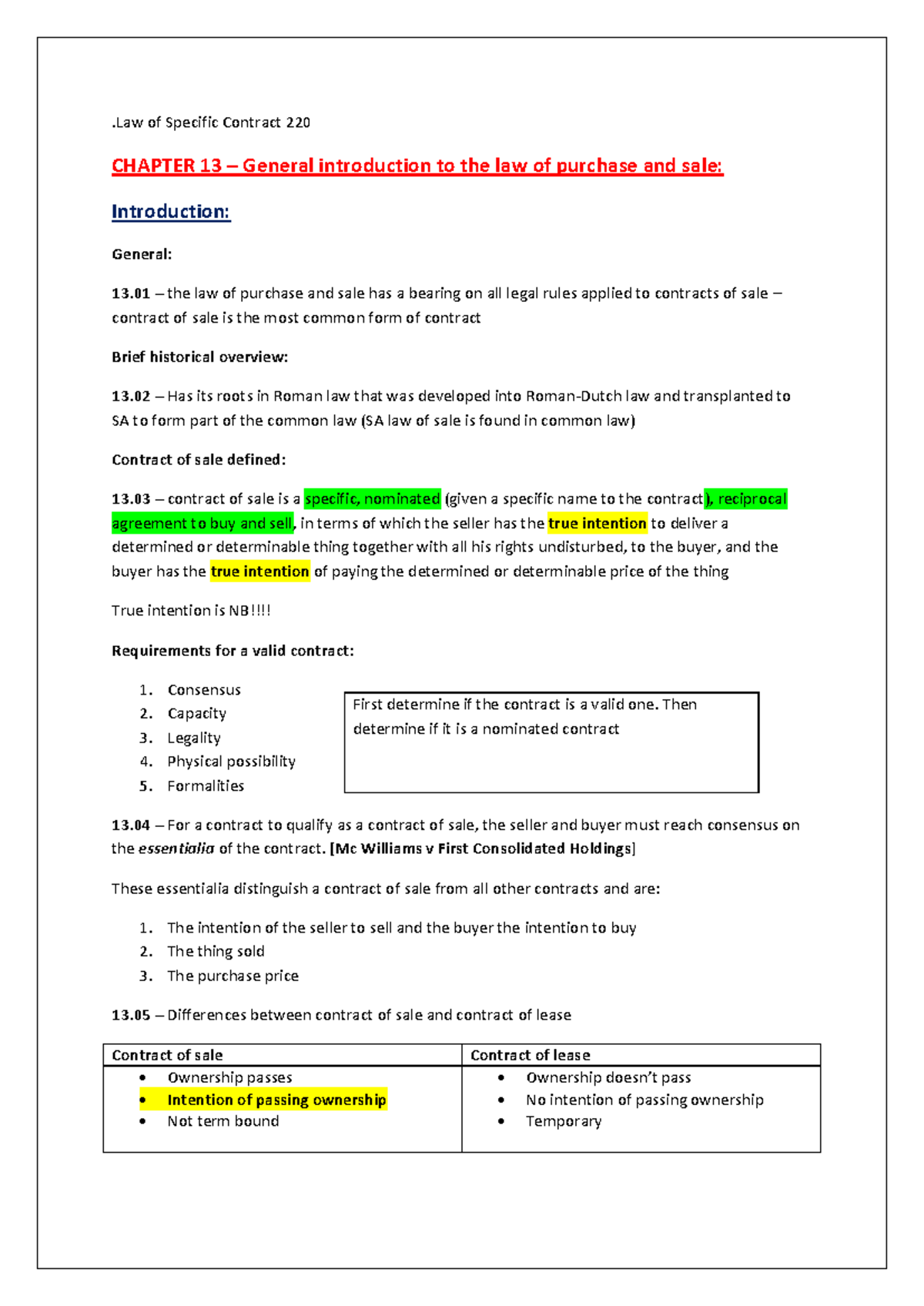 Law of Specific Contracts 220: Purchase and Sale Essentials Notes - Studocu