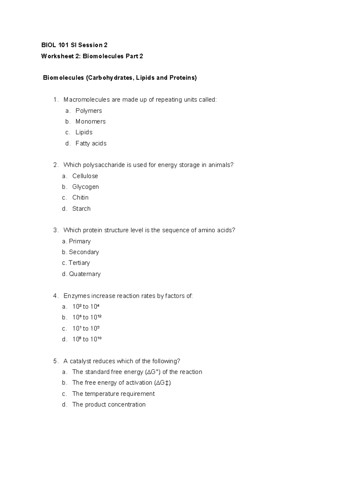 BIOL 101 SI Session 2 Worksheet 2: Biomolecules Overview - Studocu