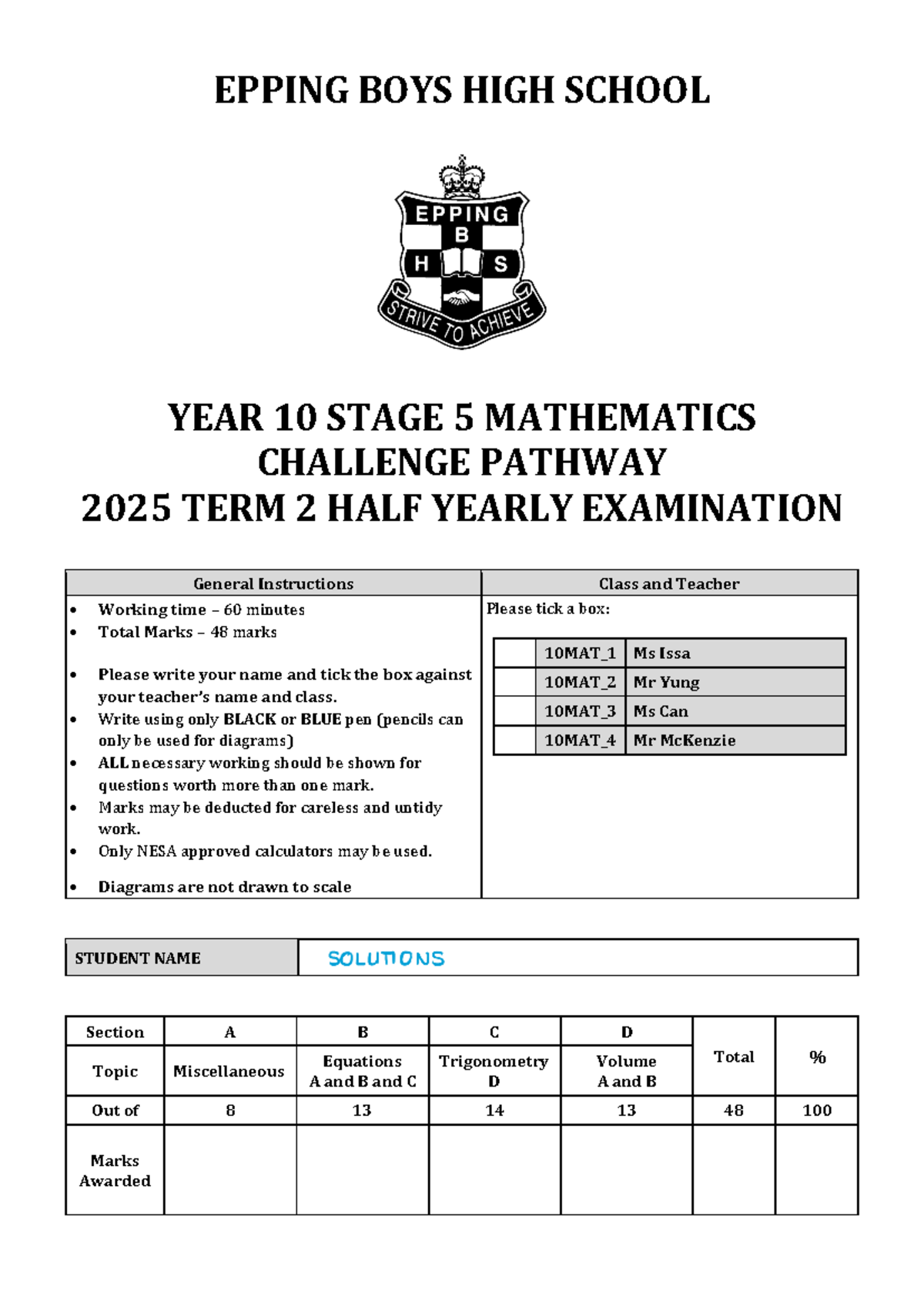 2025 Yr10 MAT T2 Half-Yearly Exam Solutions - Studocu