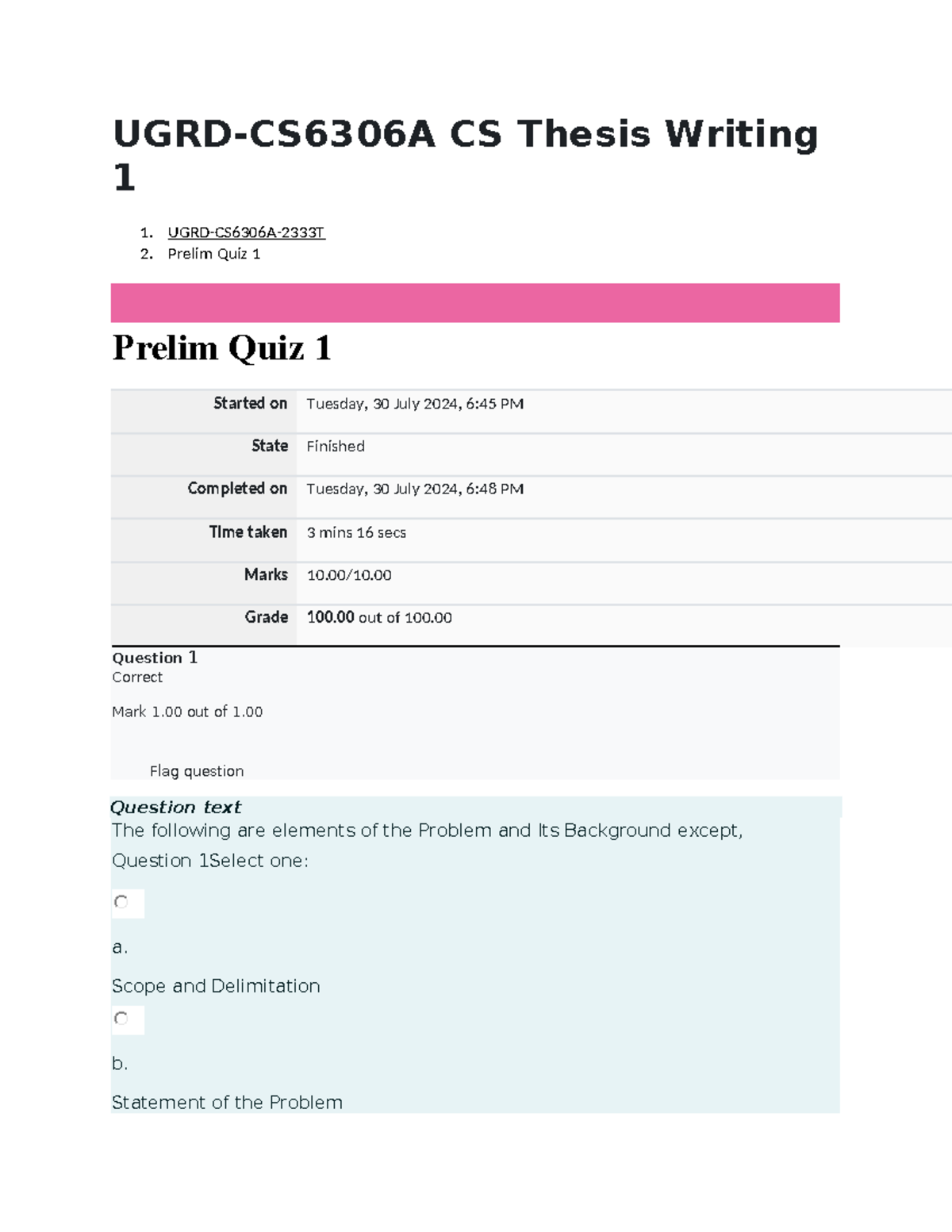 CS6306A Thesis Writing Prelim Quiz 1 & 2 Review Results - Studocu
