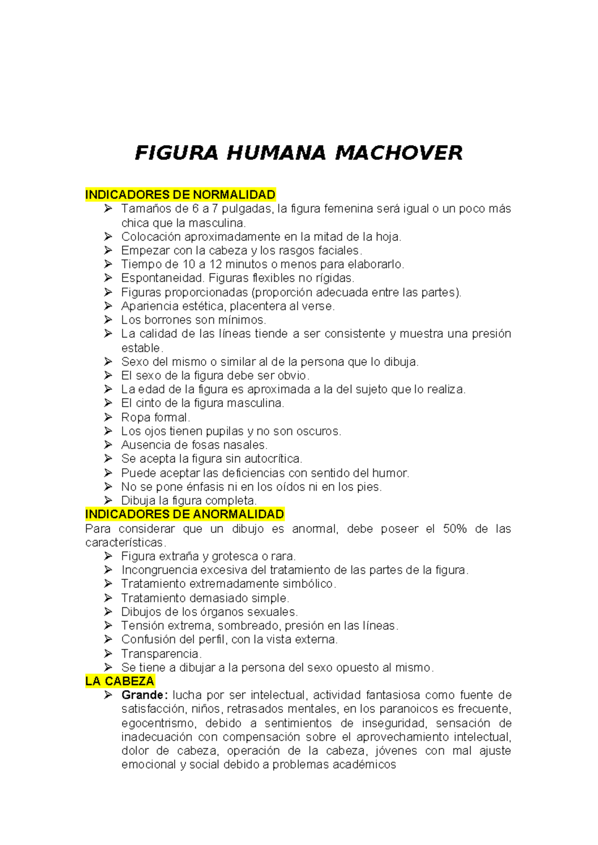 Indicadores de Normalidad y Anormalidad en Figura Humana Machover - Studocu