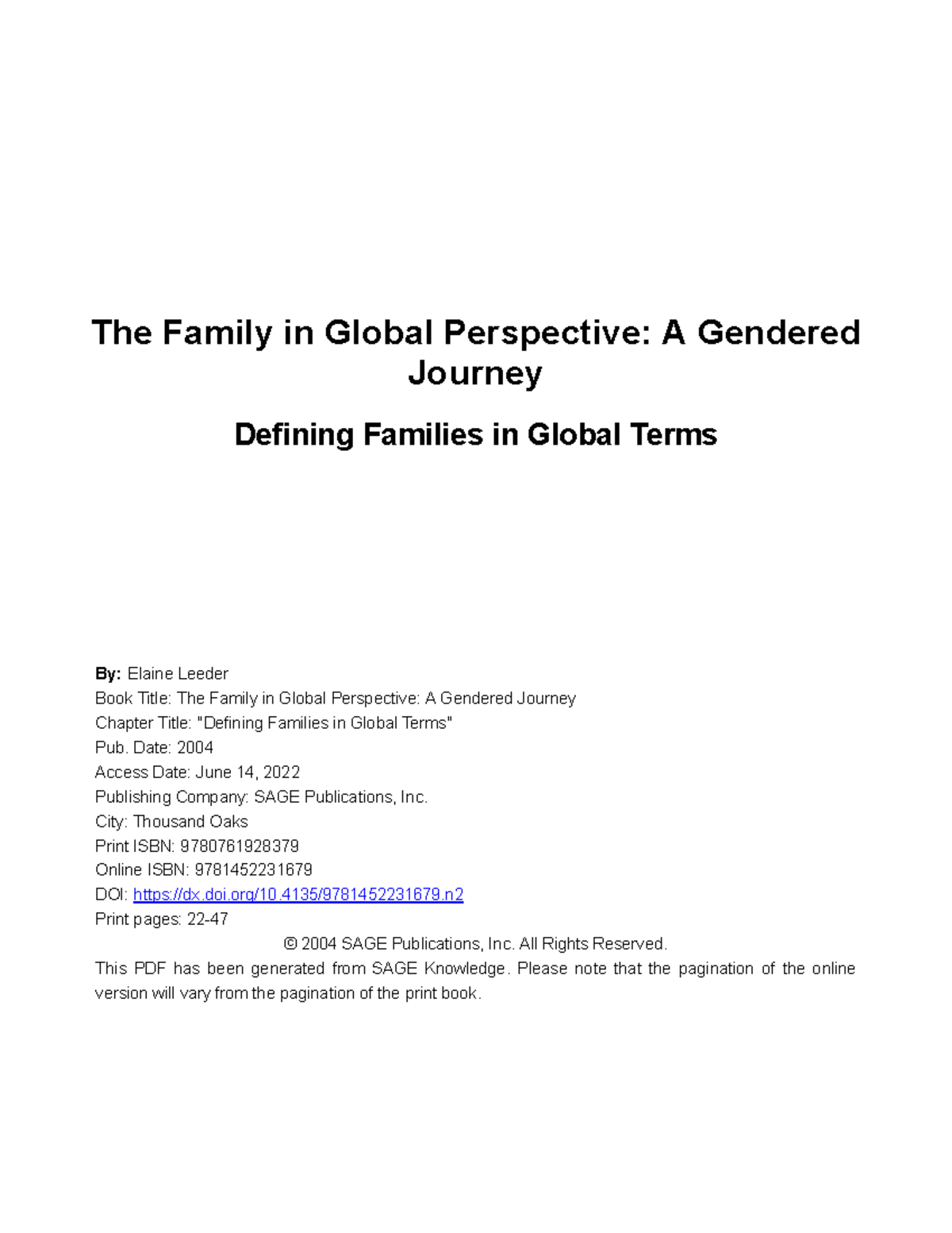 Defining Families: A Gendered Perspective in Global Contexts (SAGE 2004 ...