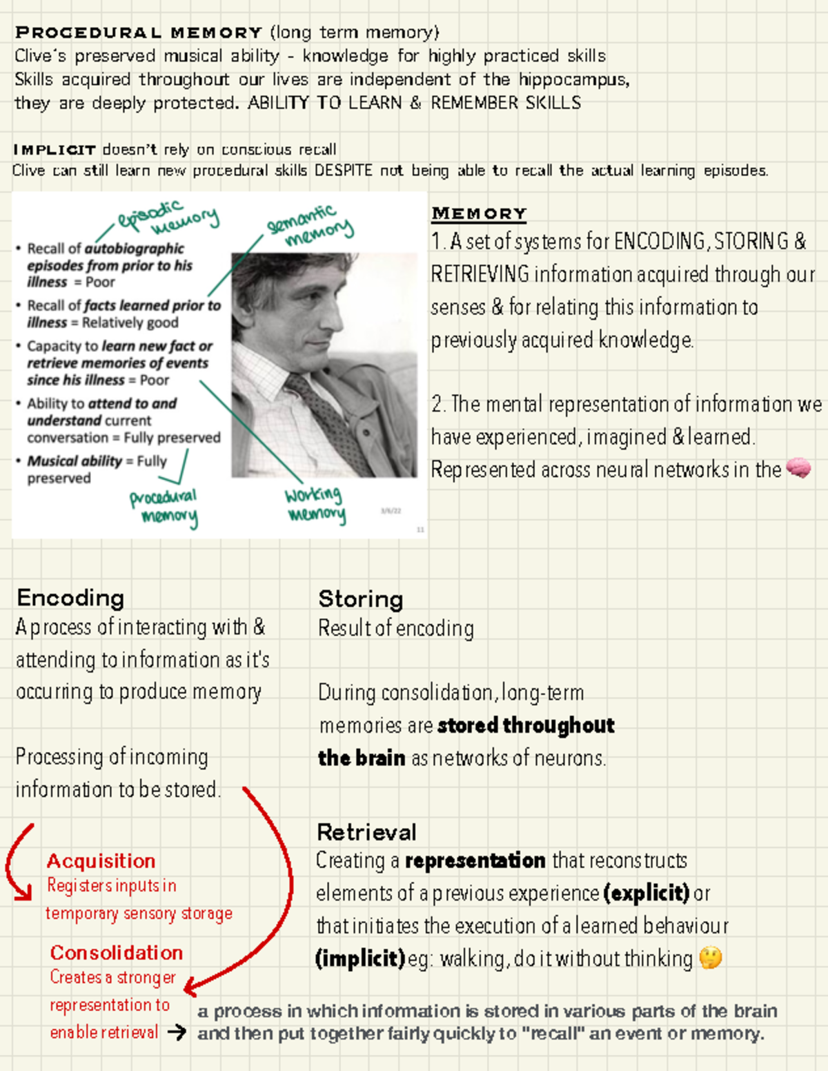 MBB 1 notes 4 - Procedural memory (long term memory) Clive’s preserved ...