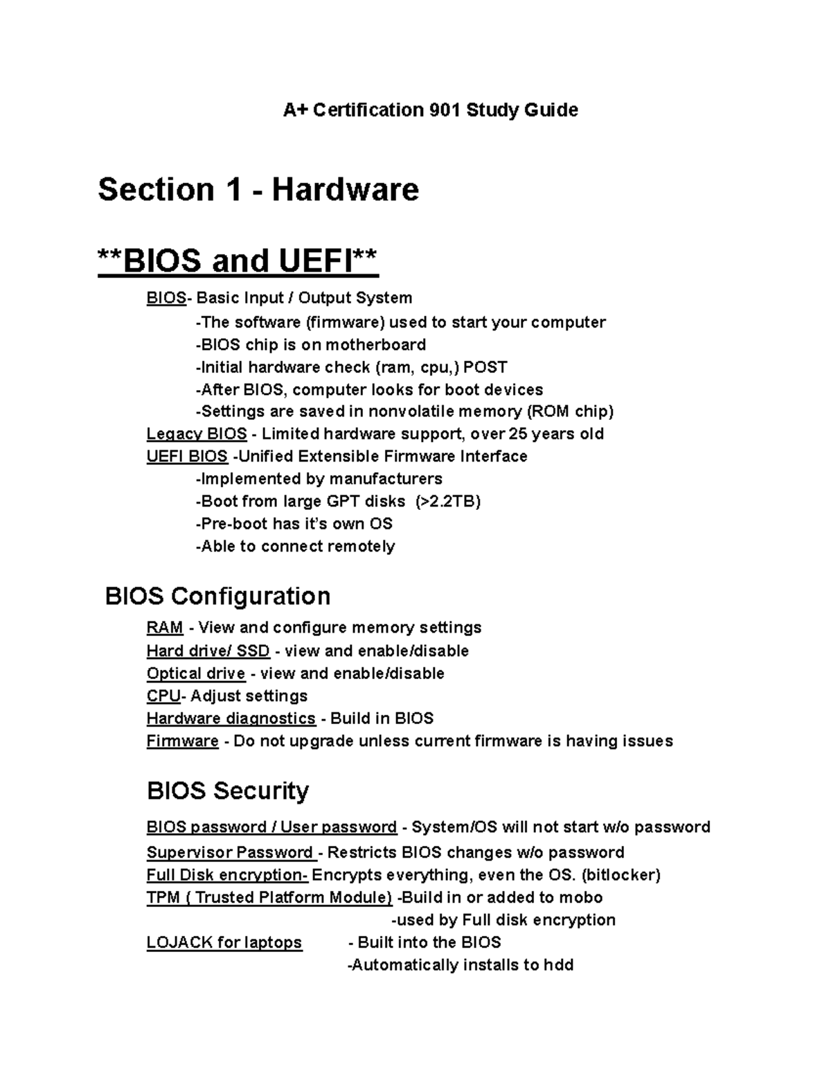 CompTIA A+ Study Guide: Hardware Concepts and BIOS Configuration - Studocu