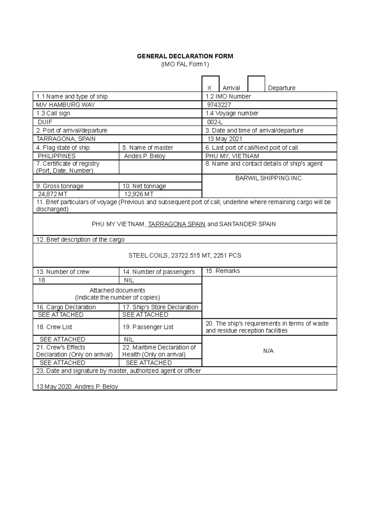 ICT Completed - notes - GENERAL DECLARATION FORM (IMO FAL Form1) X ...